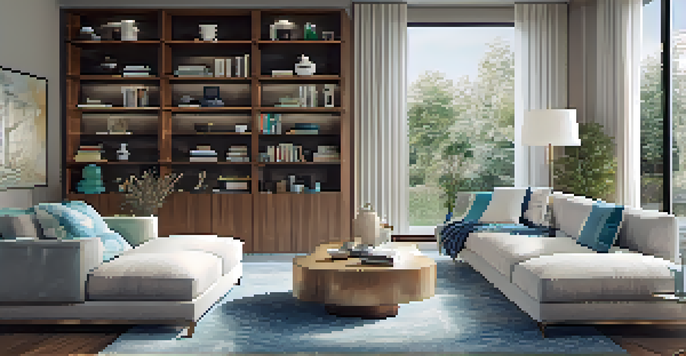 A bright and modern living room with a multi-room audio system, featuring wireless speakers and stylish furniture.