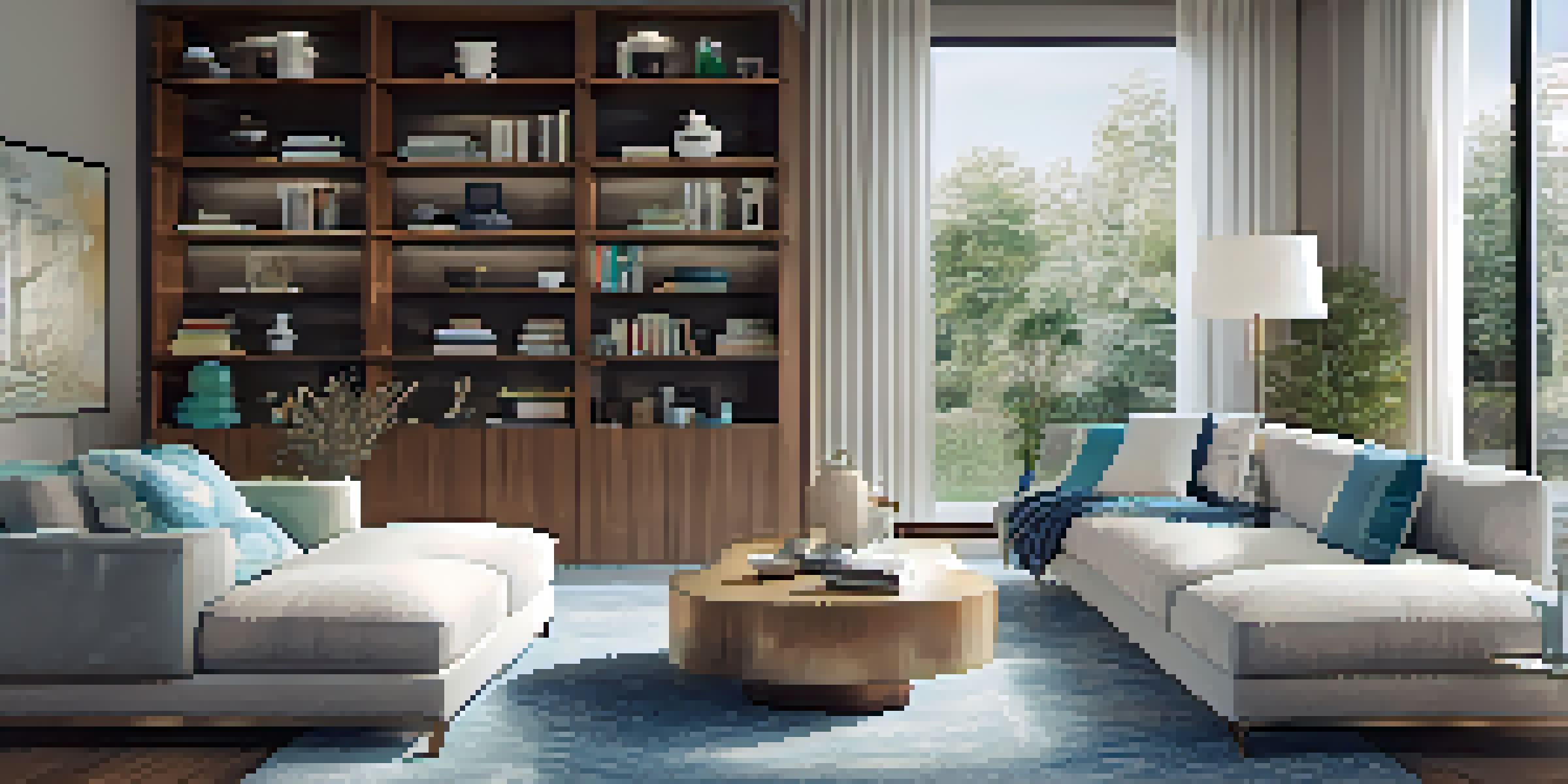 A bright and modern living room with a multi-room audio system, featuring wireless speakers and stylish furniture.