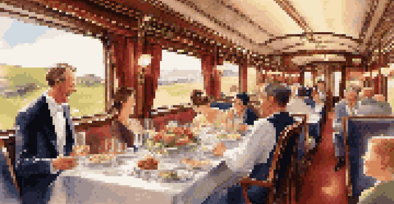 A luxurious dining car on a train, elegantly set for families, with a beautiful view of rolling hills and rivers outside, creating a warm and inviting atmosphere.