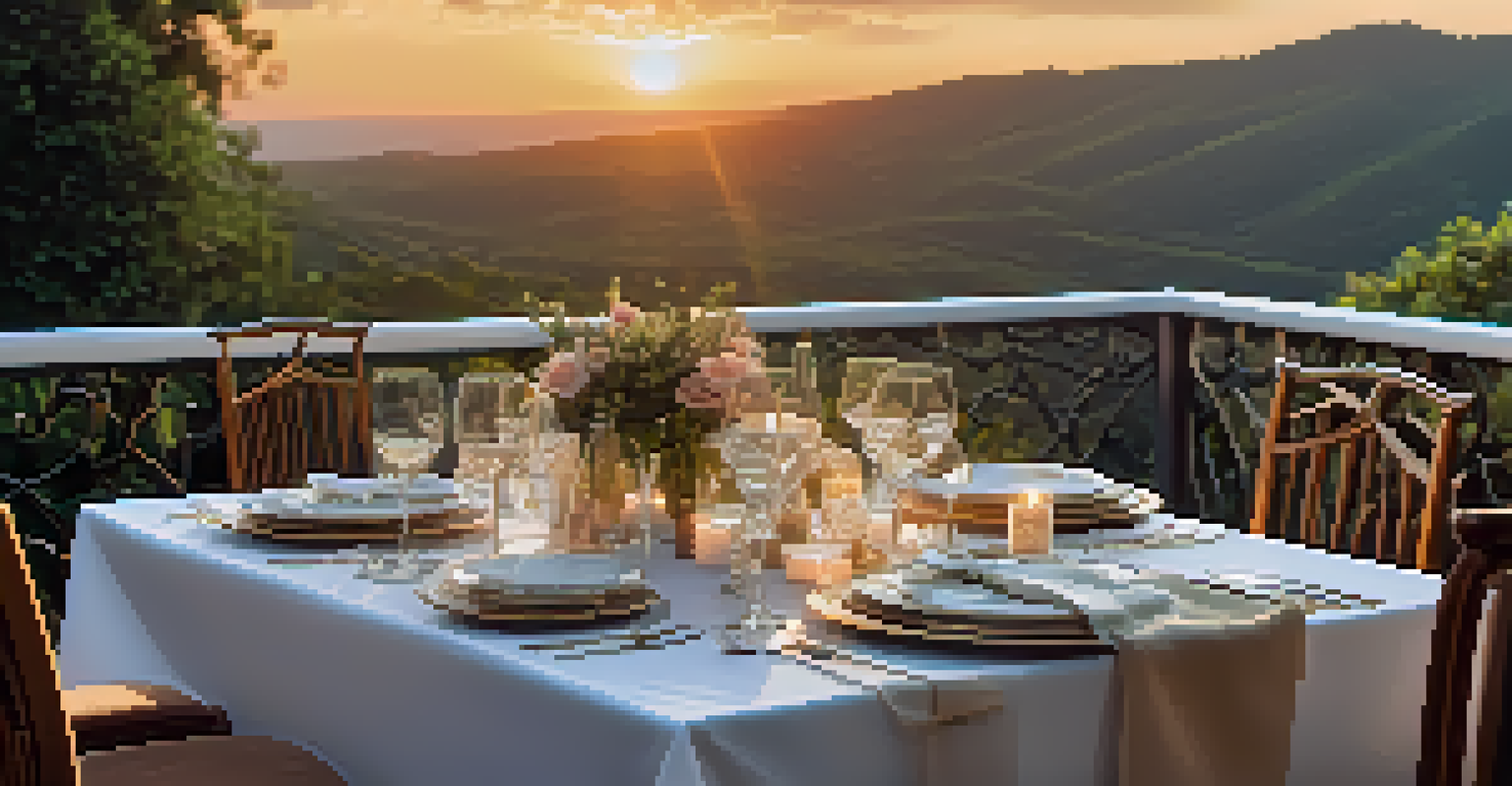An elegant outdoor dining setup with a table set for sunset, surrounded by greenery.
