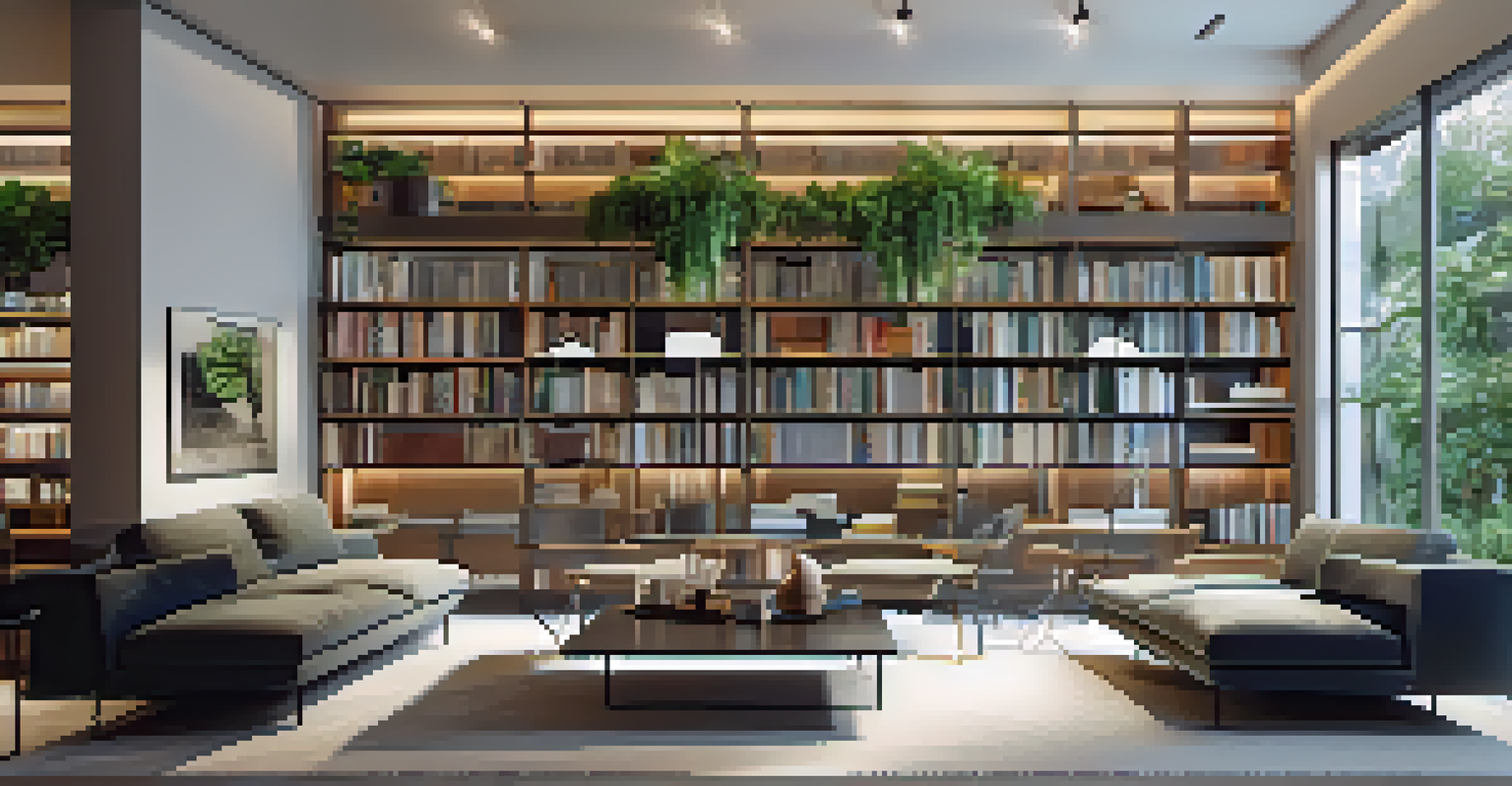A modern library with sleek glass and steel built-in shelving, art books, ambient lighting, and a cozy reading area with a sofa and potted plants.