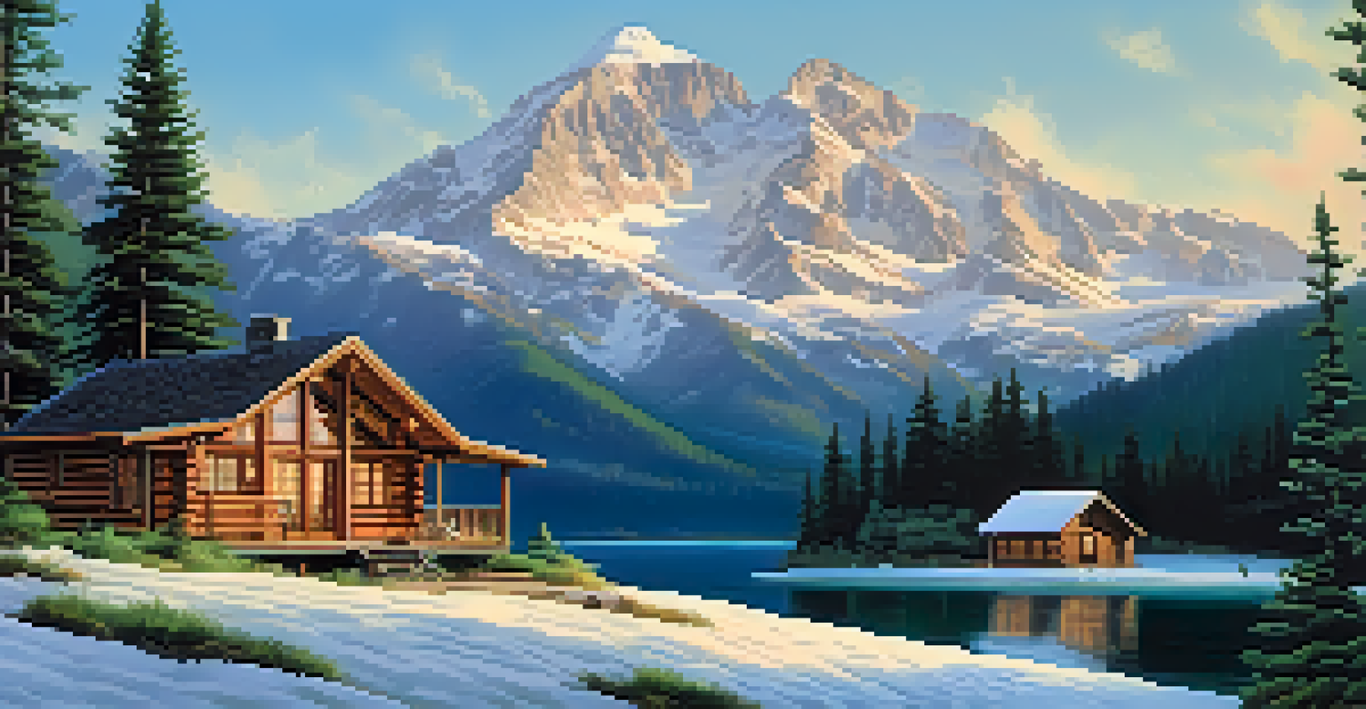 A modern wooden cabin in the mountains surrounded by trees and snow-capped peaks.