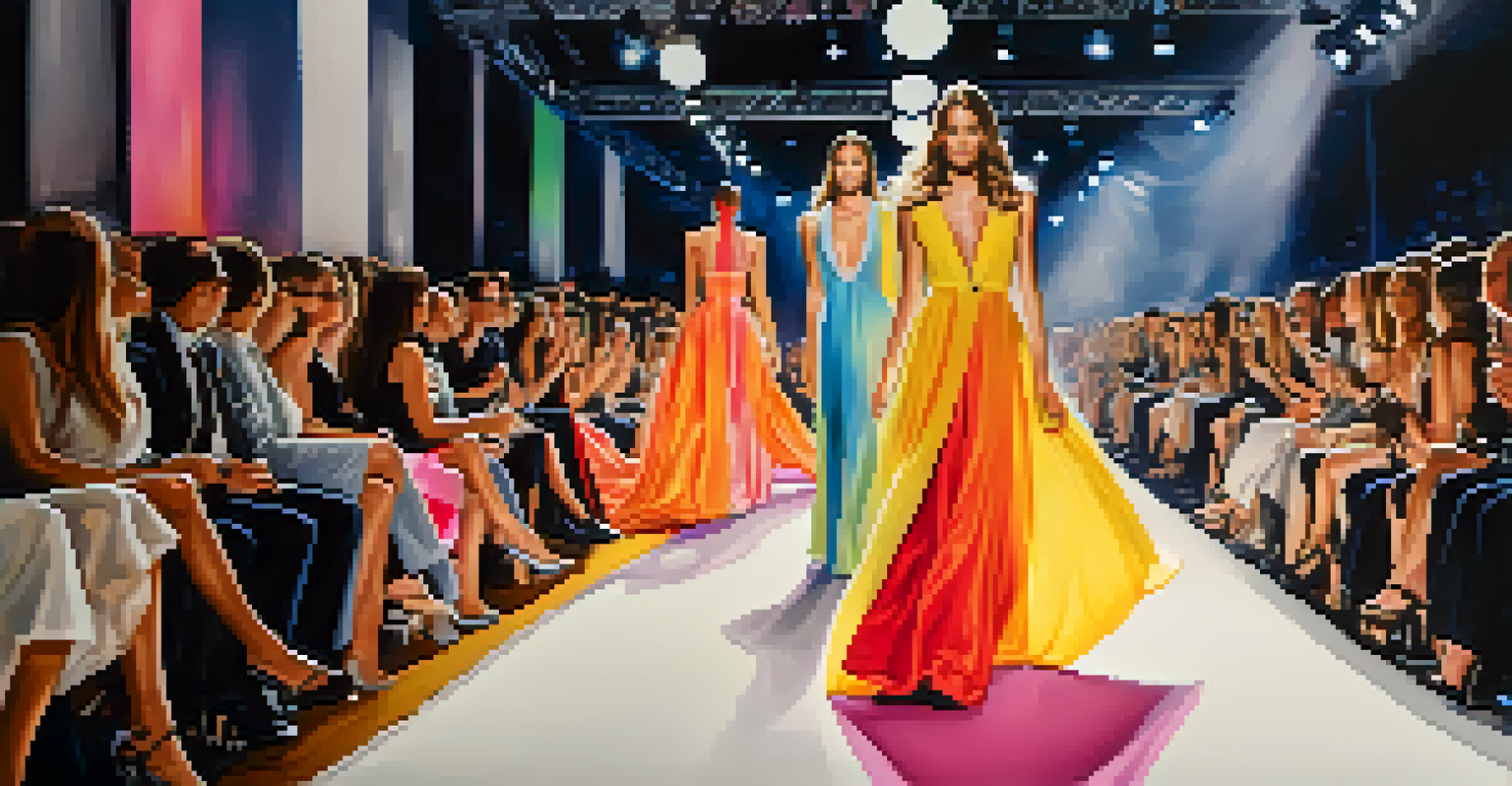 Models walking down a fashion show runway in designer outfits, illuminated by colorful spotlights with an engaged audience.