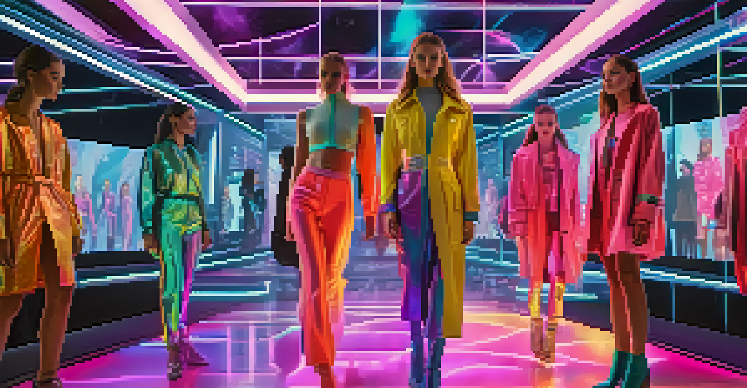 A vibrant scene of a virtual fashion show with models in colorful digital clothing surrounded by holographic displays.