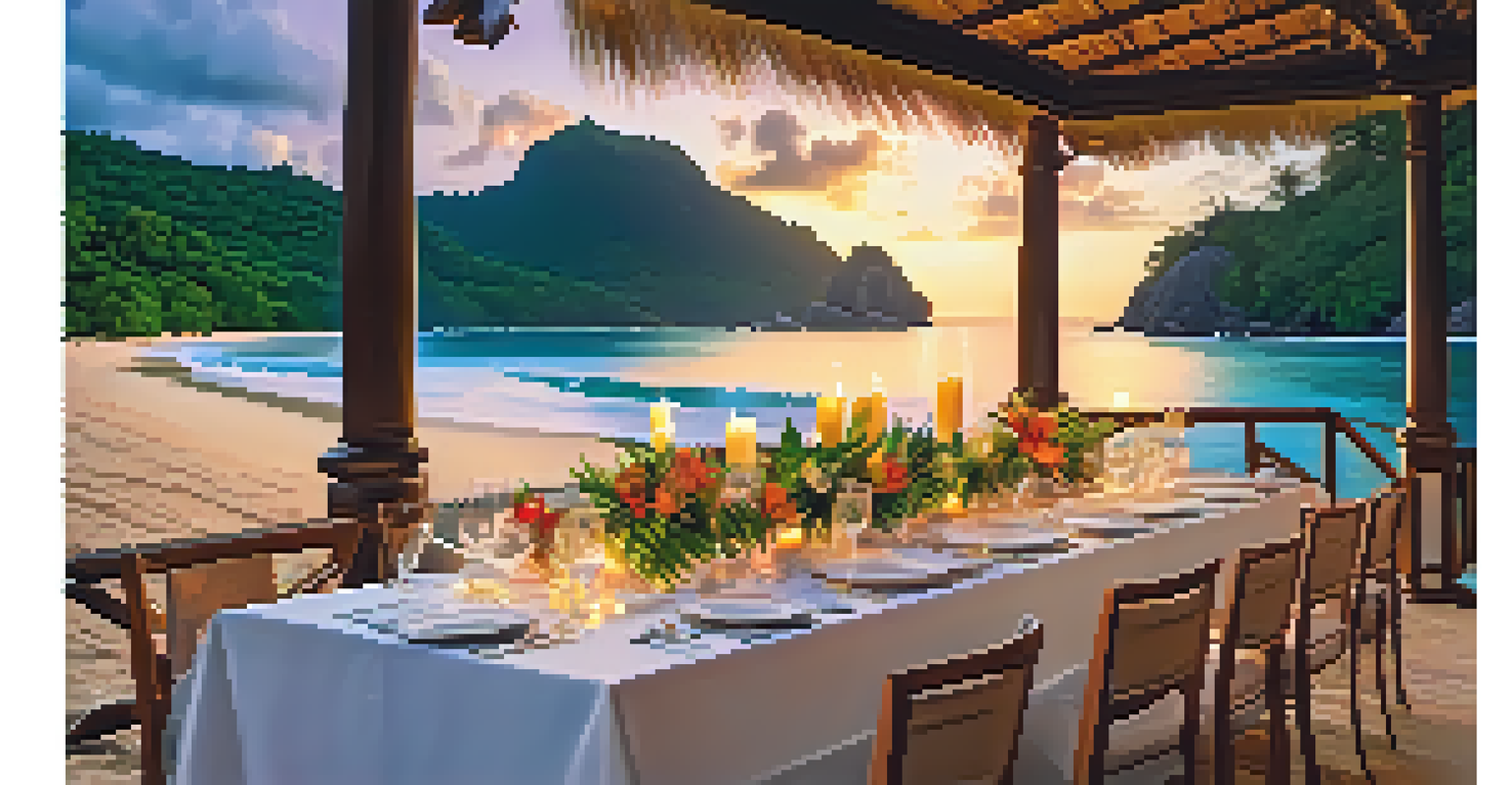 A beautifully set dining table on the beach in Seychelles at sunset, surrounded by tropical flowers and ocean waves.