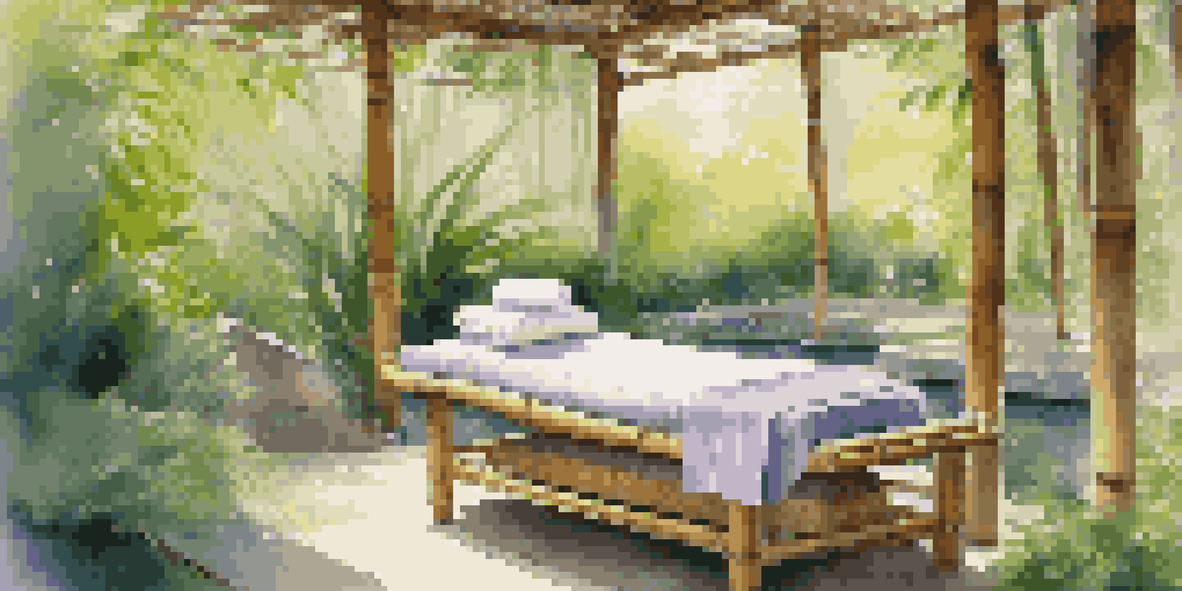A peaceful spa area with a massage table under a bamboo canopy, surrounded by green plants and a water feature in the background.