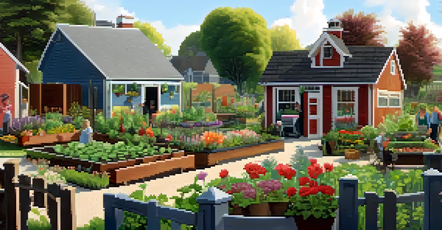 A community garden with neighbors around a stylish wooden compost bin, surrounded by vibrant vegetable and flower beds, showcasing collaboration in gardening.