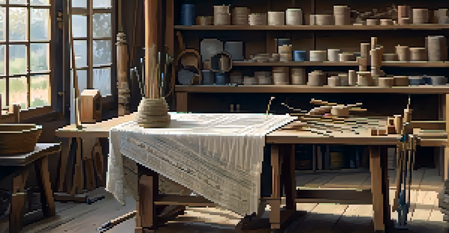 An artisan workshop with a craftsman weaving fabric, surrounded by tools and natural light.