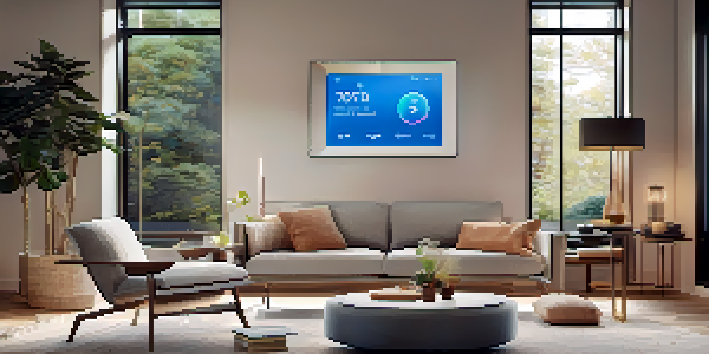 A modern living room showcasing smart home technology, with a digital thermostat, smart lights, and a voice assistant on a coffee table.