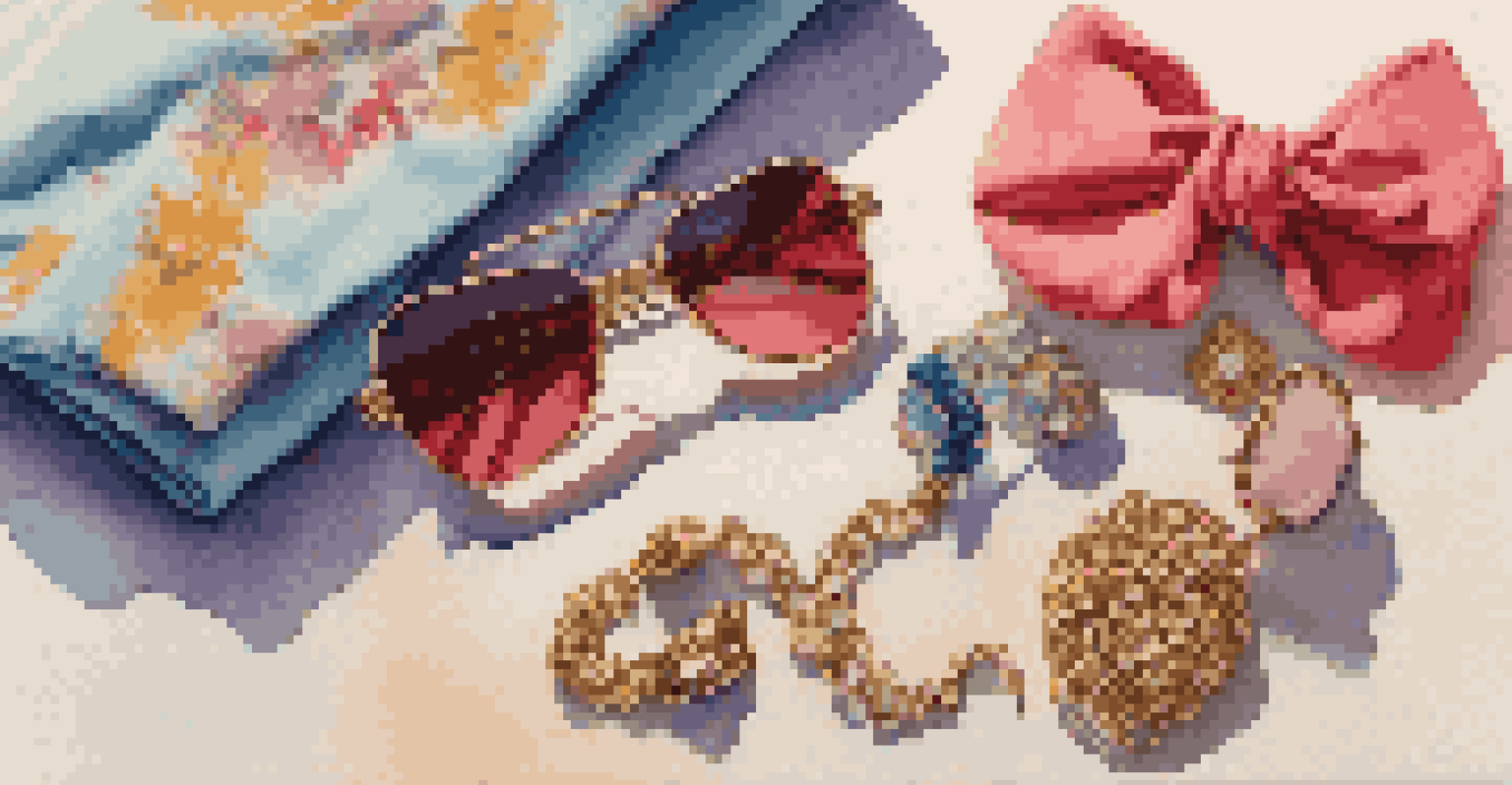 A flat lay of 1980s vintage accessories including oversized sunglasses, chunky jewelry, and a scrunchie on a textured fabric background with natural light.