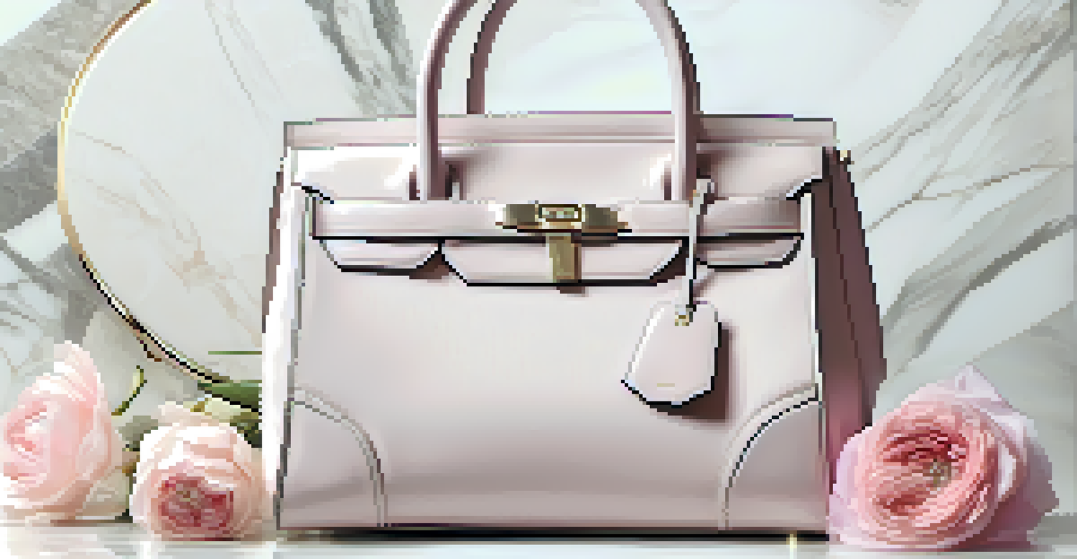 A luxury handbag on a marble countertop, adorned with flowers, showcasing fine craftsmanship.