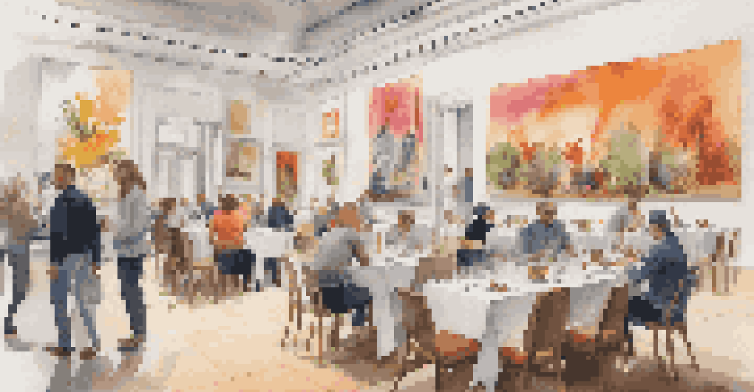 A pop-up restaurant inside an art gallery, featuring guests dining with artwork in the background.