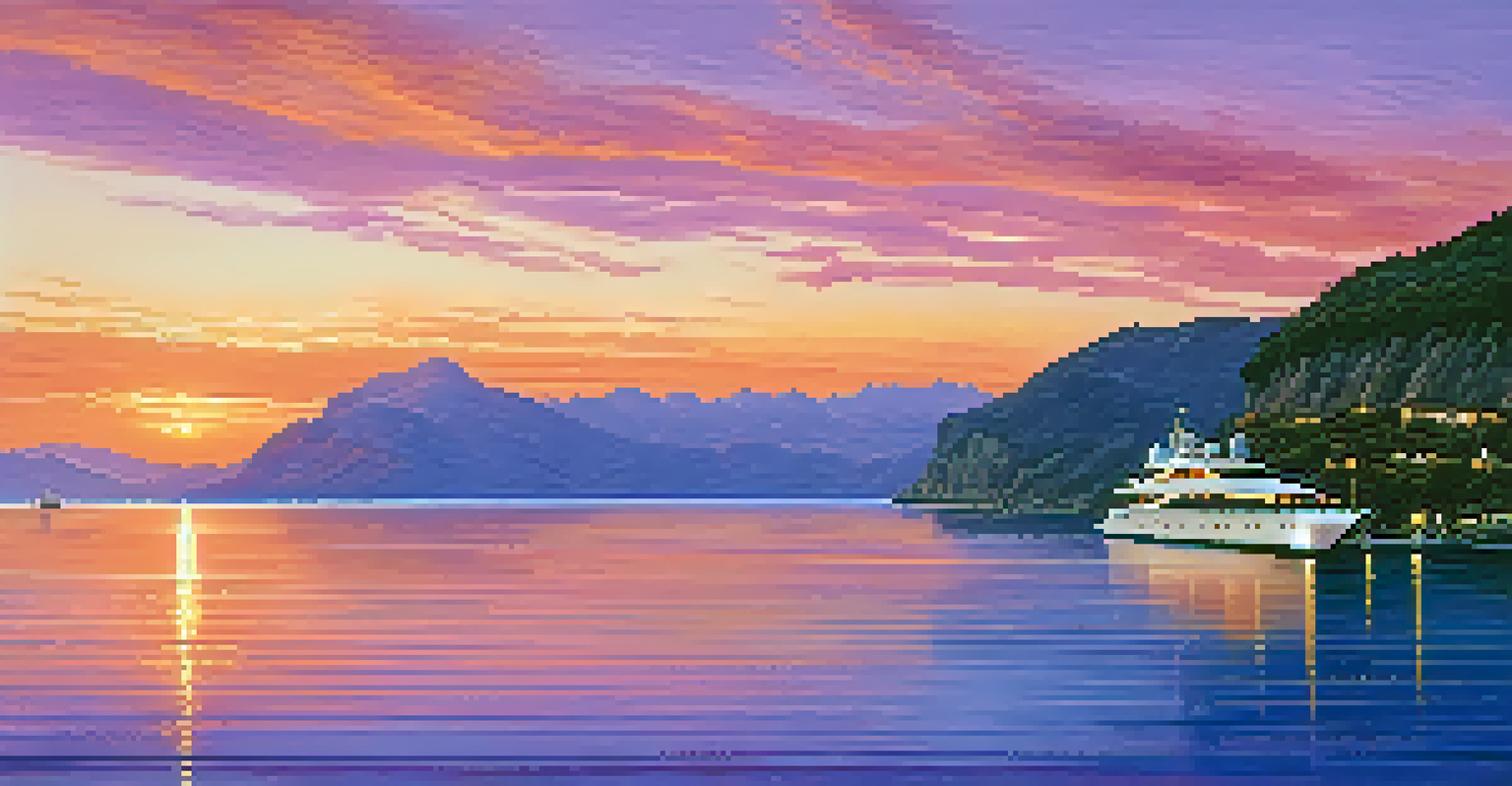 A luxury yacht anchored by a beautiful coastline during sunset, with the sky displaying vibrant colors.