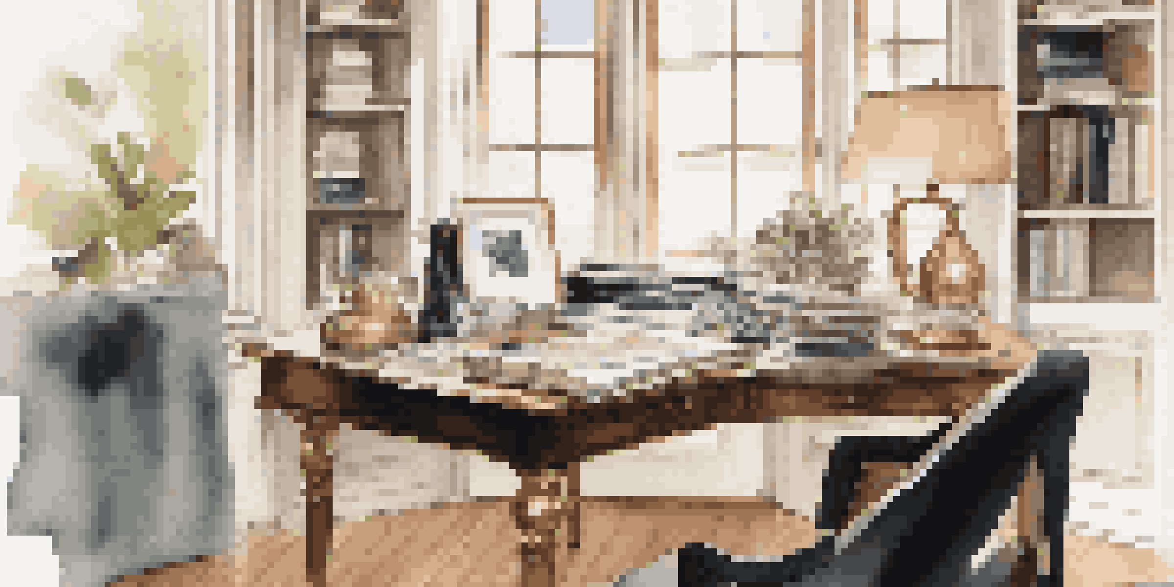 A chic editorial workspace with high-end fashion magazines, a cup of coffee, and a notepad, illuminated by soft natural light from large windows.