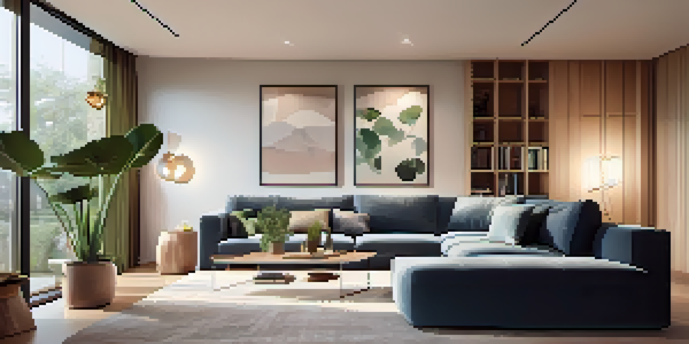 A contemporary living room with warm, adjustable smart lighting, sleek furniture, and indoor plants, creating a cozy atmosphere.