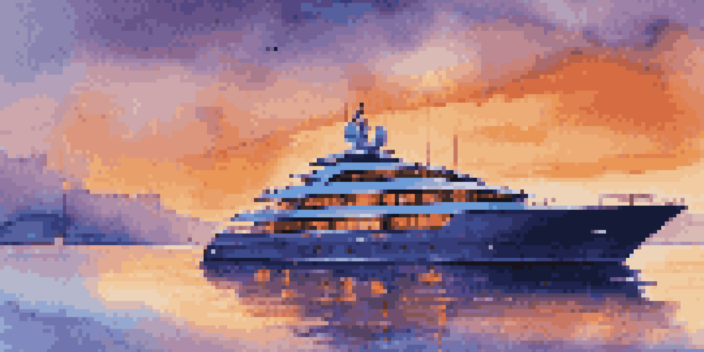 A luxurious yacht sailing on calm waters at sunset, with advanced navigation technology on display.