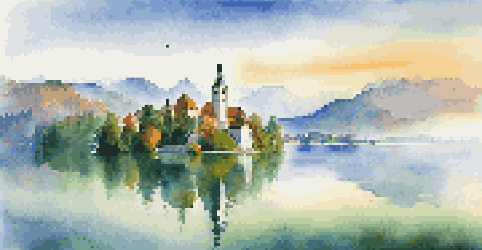 A beautiful view of Lake Bled in Slovenia with an island church, surrounded by hills and mountains, under a misty atmosphere with autumn colors.