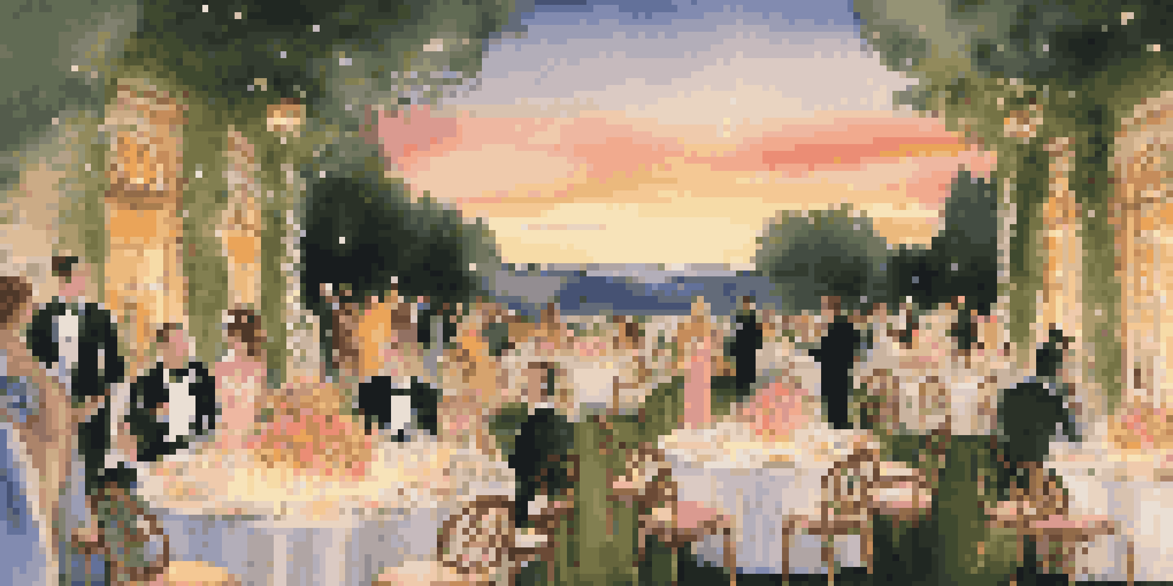 A lavish outdoor garden party with elegantly dressed guests, floral arrangements, and a sunset.