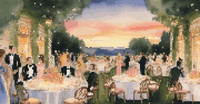 A lavish outdoor garden party with elegantly dressed guests, floral arrangements, and a sunset.