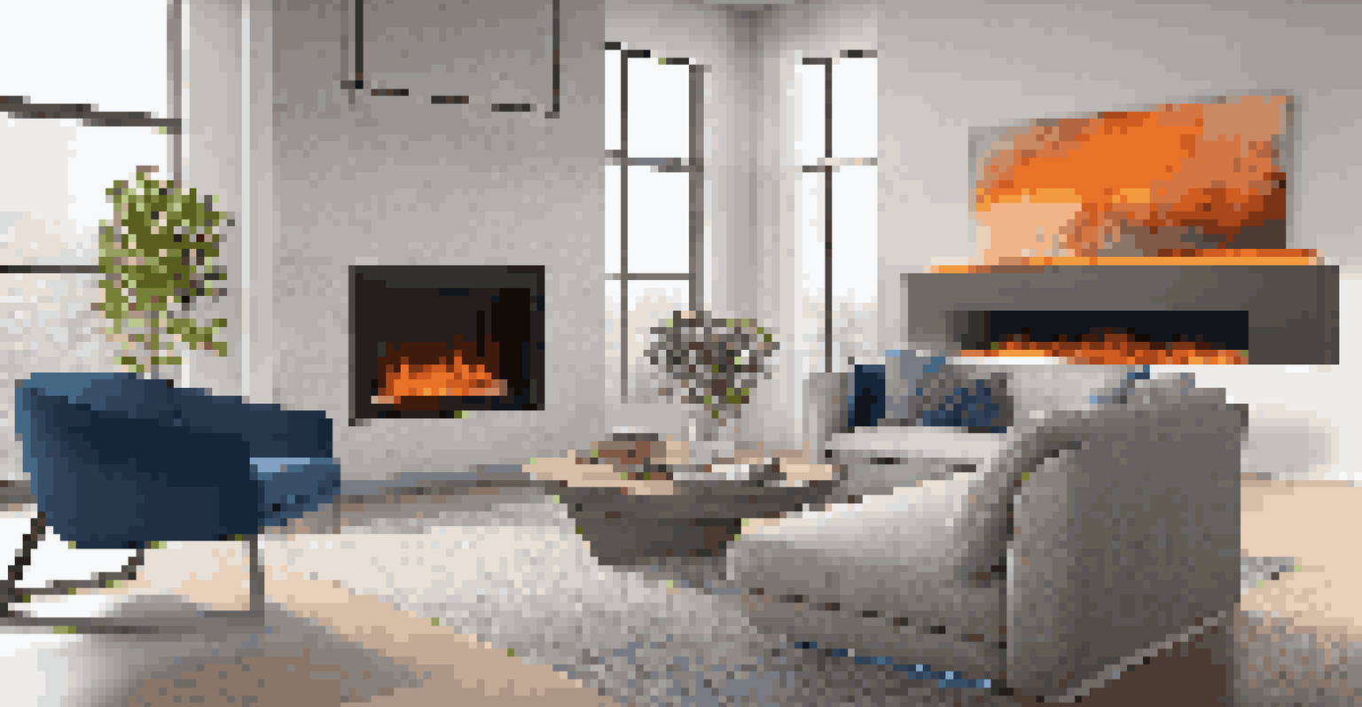 A modern living space with an electric fireplace mounted on the wall, featuring vibrant customizable flames and stylish decor.
