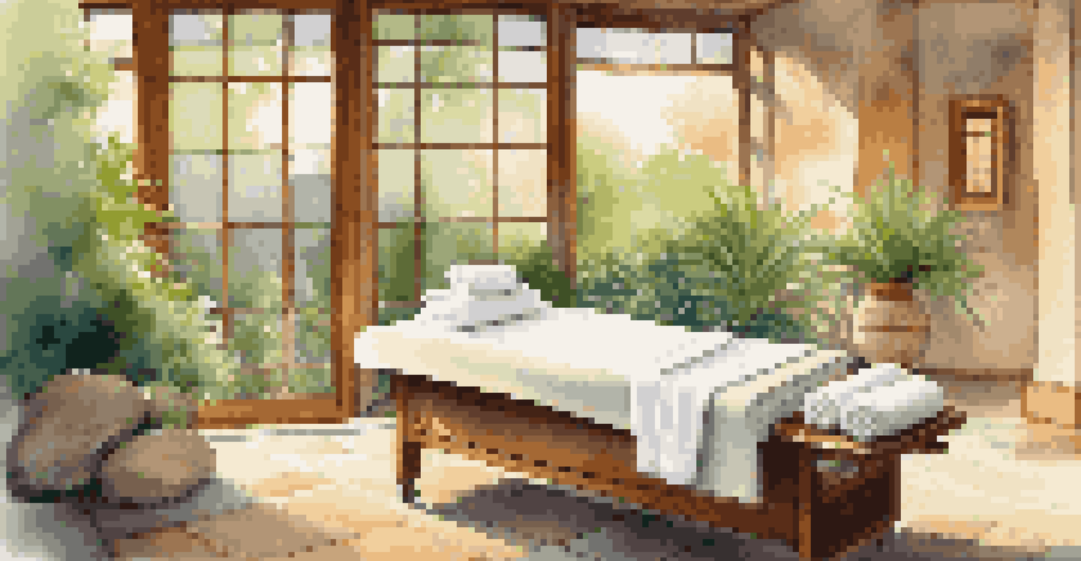 A tranquil spa massage room with soft lighting, candles, and a massage table arranged for relaxation.