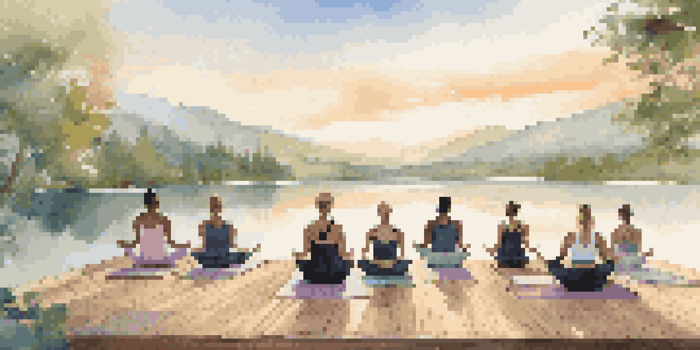 A group of people practicing yoga on a deck by a lake at sunrise, surrounded by nature in luxury activewear.