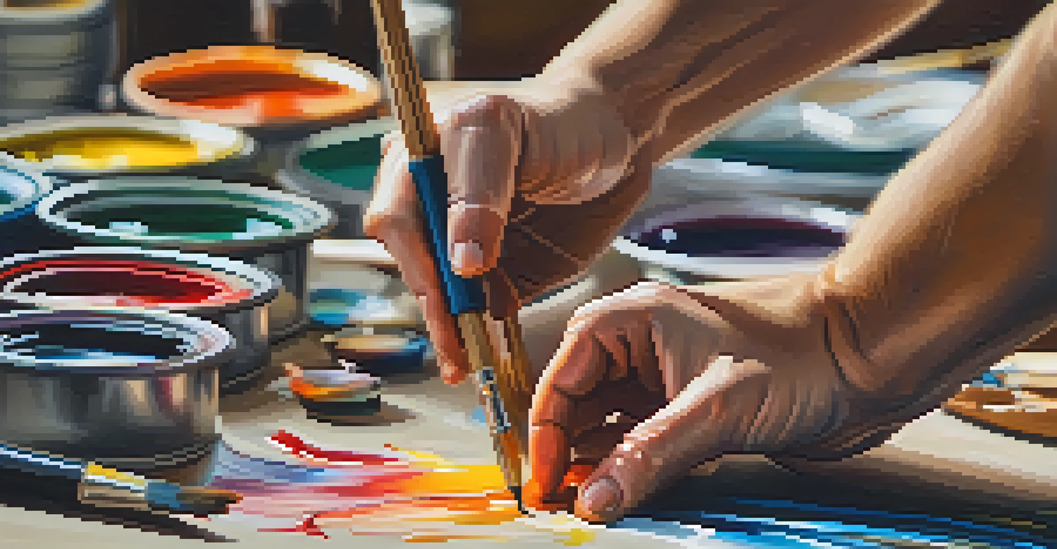 A close-up of hands painting with oil paints on a canvas, showcasing vibrant colors and textures in a serene art retreat setting.