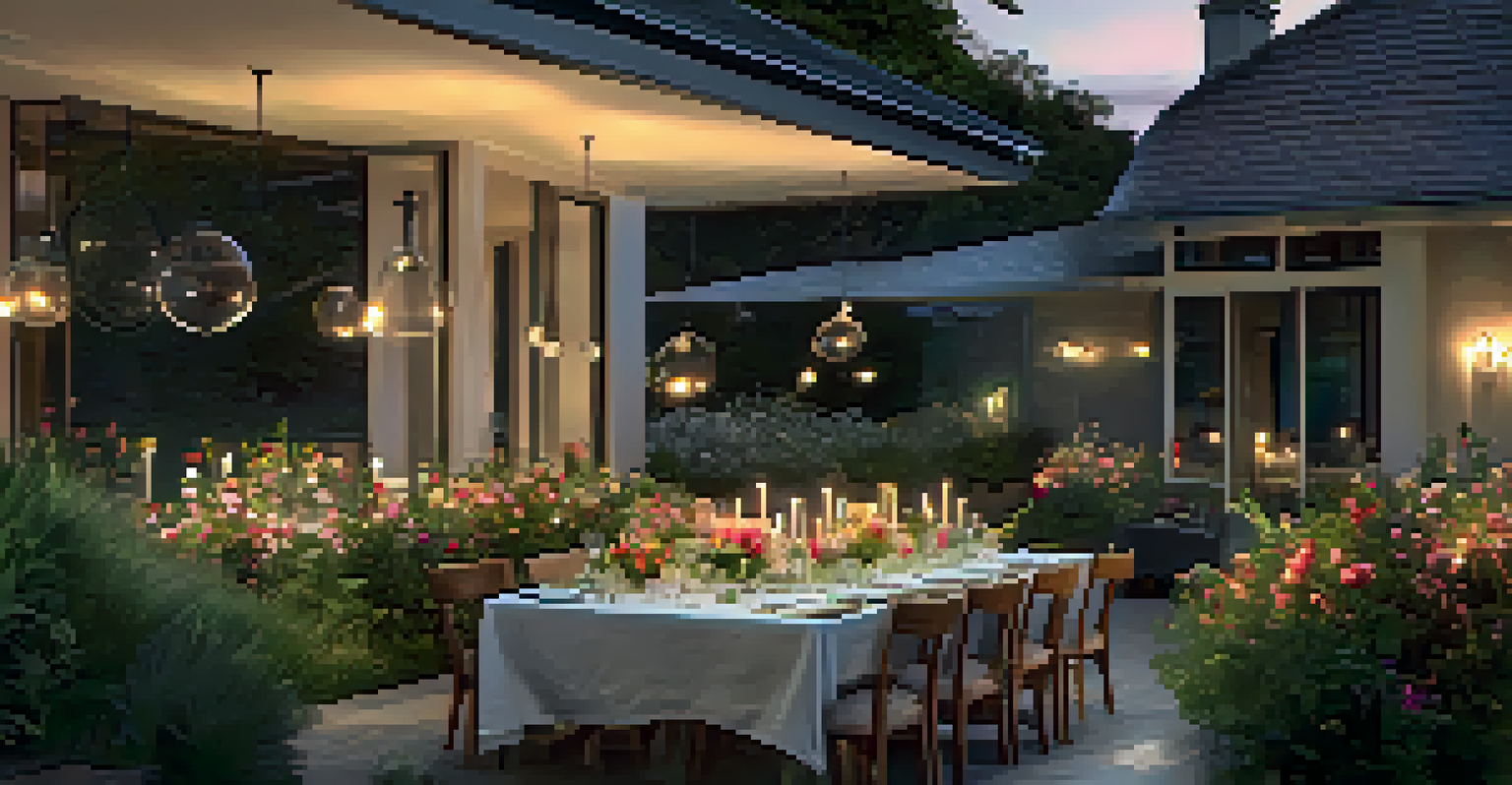 An outdoor dining table beautifully set with organic food, flowers, and soft lighting, capturing the essence of sustainable luxury.