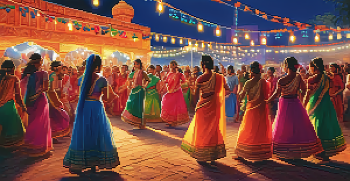 A lively Indian festival with colorful decorations, traditional dancers, and a bustling crowd under bright lights.