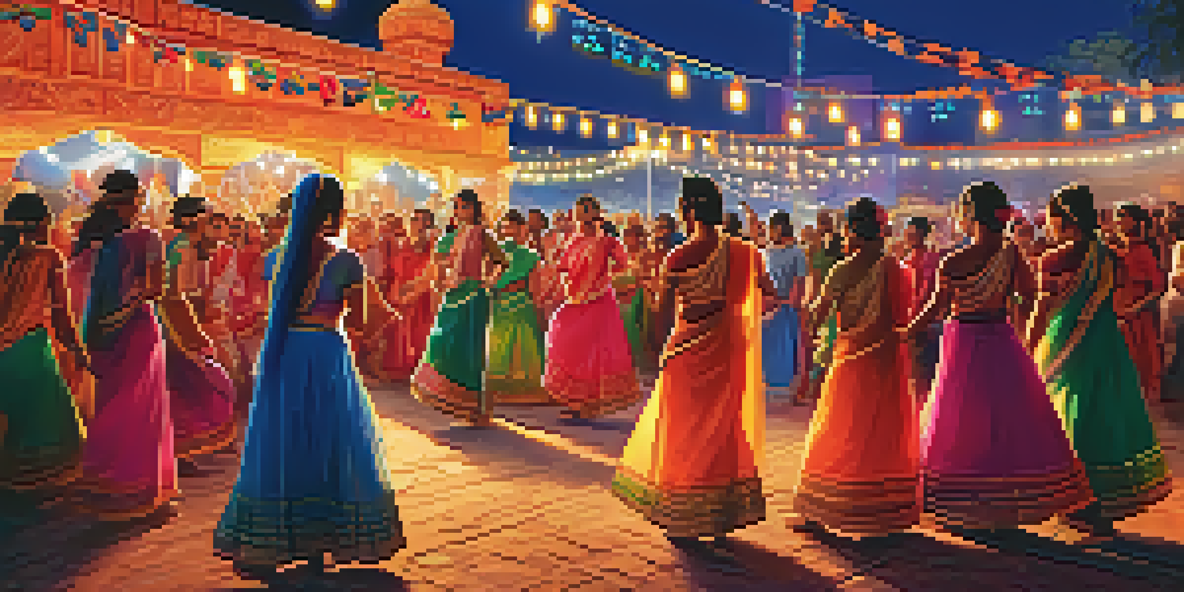A lively Indian festival with colorful decorations, traditional dancers, and a bustling crowd under bright lights.