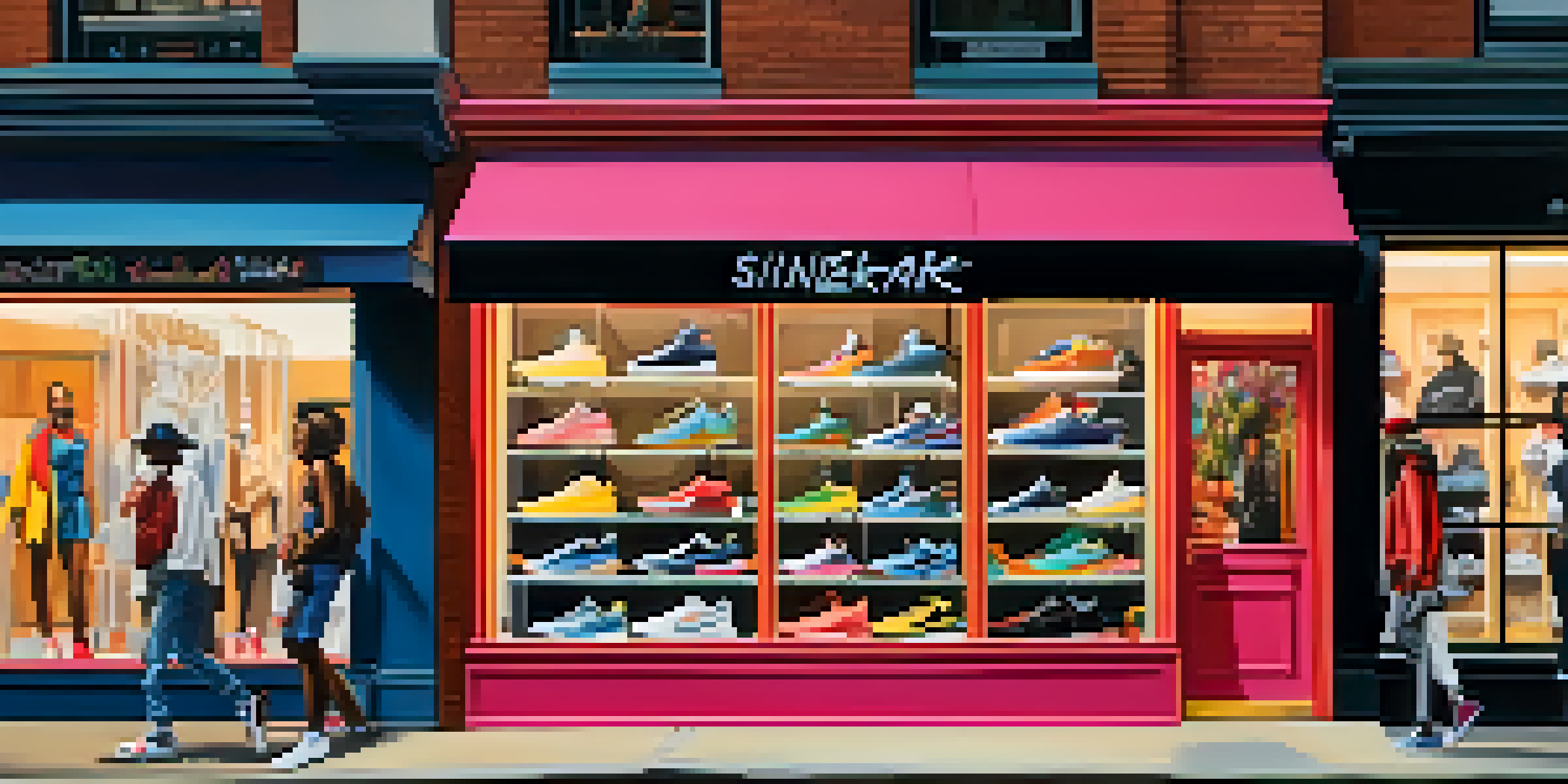 A colorful street scene with a pop-up shop displaying luxury sneakers created in collaboration with an artist, featuring diverse people exploring the designs.