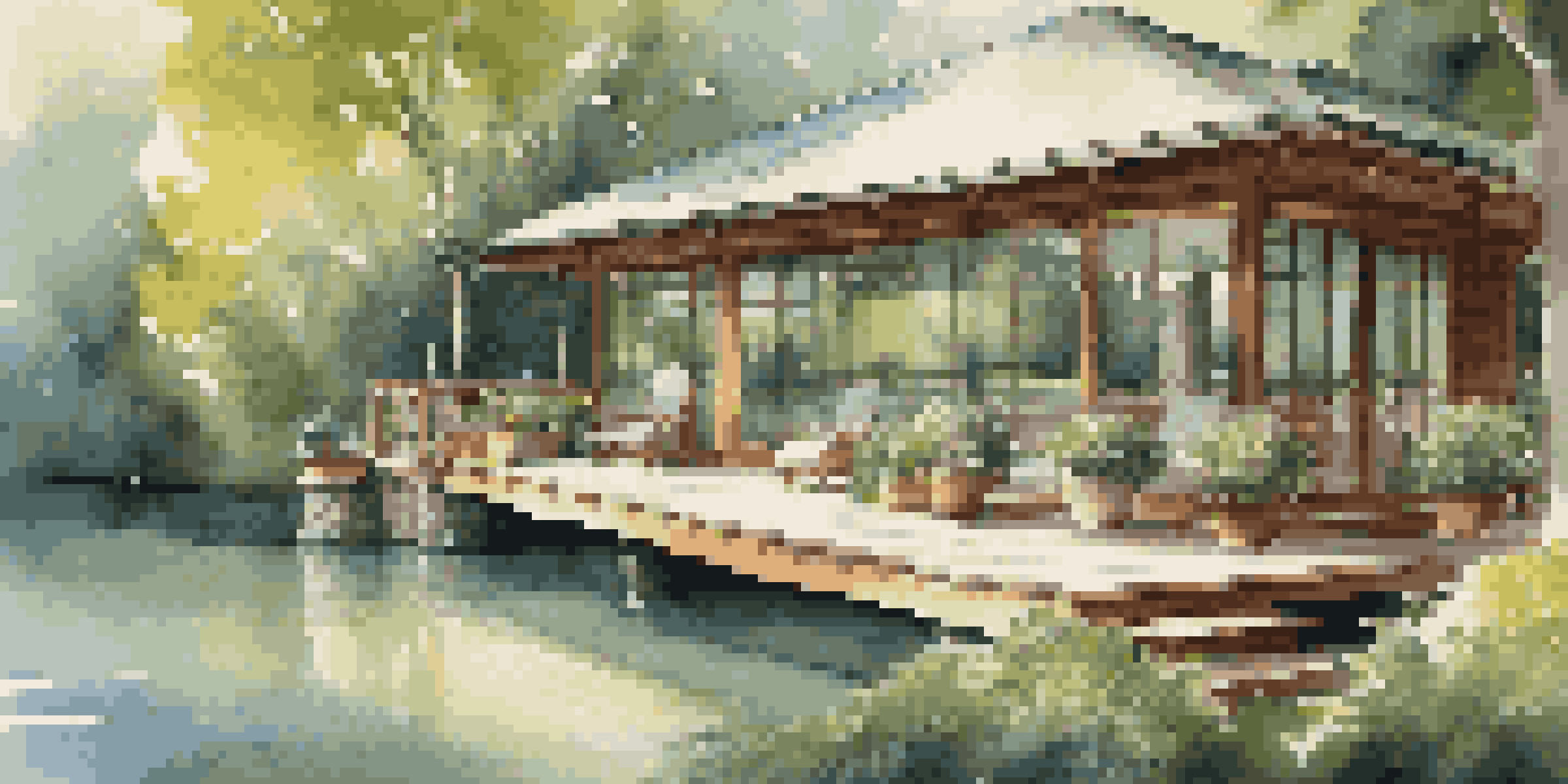 A tranquil luxury retreat venue surrounded by trees and a lake, with a wooden deck and elegant outdoor furniture.