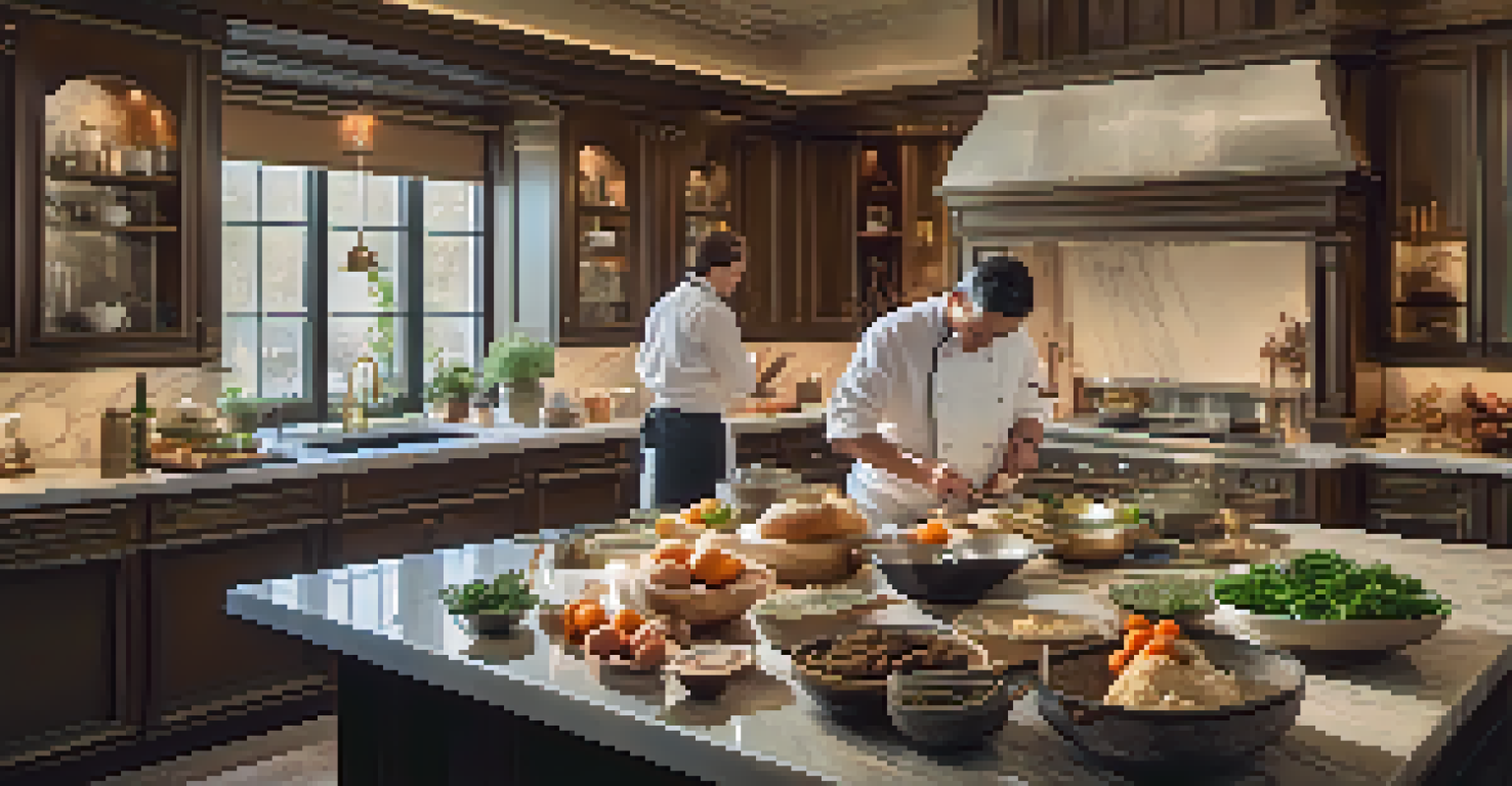 A Michelin-starred chef teaching in a luxurious kitchen with fresh ingredients.