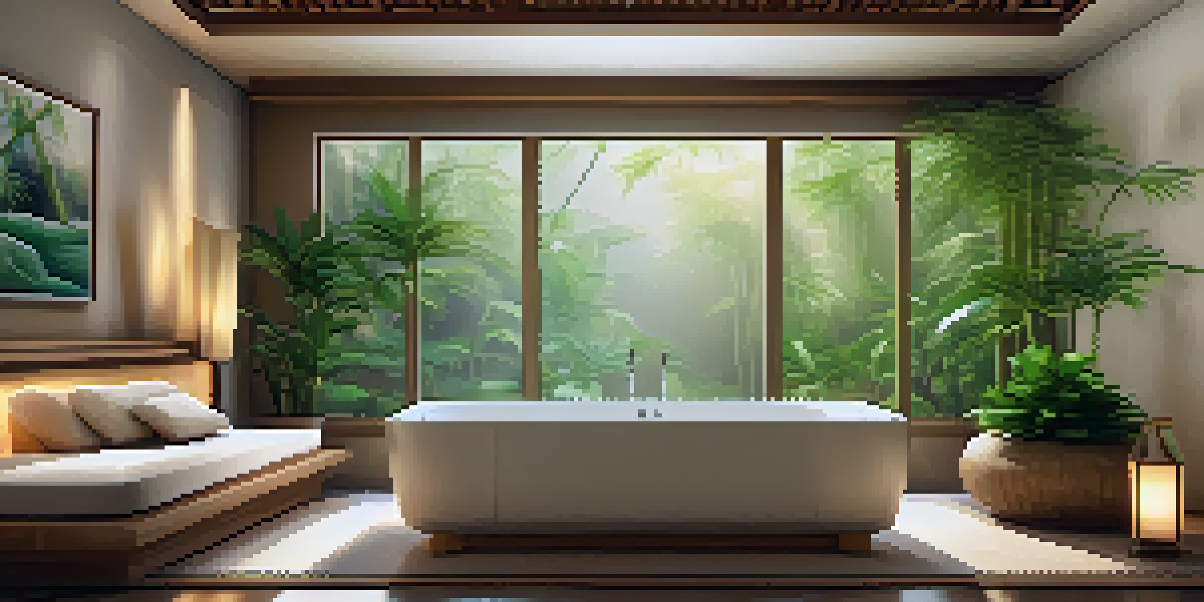 A tranquil luxury spa room with soft lighting, bamboo decor, a massage bed, and plants, creating a serene atmosphere.