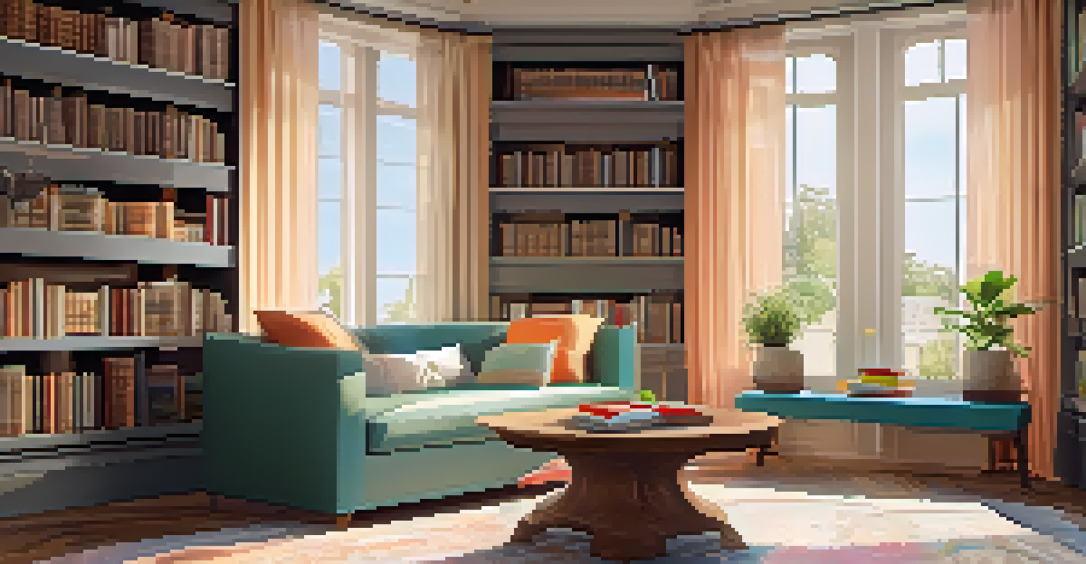 A cozy window seat nook with colorful cushions and plants in a luxurious library.
