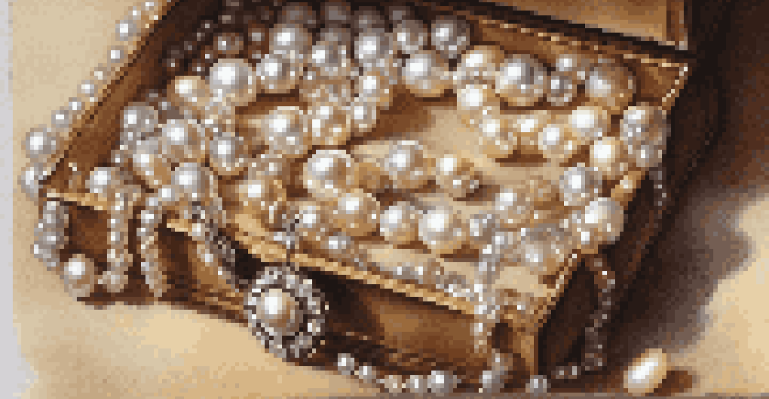 A close-up of a pearl necklace on a wooden surface, illuminated by soft natural light, showcasing the pearls' luster and texture.