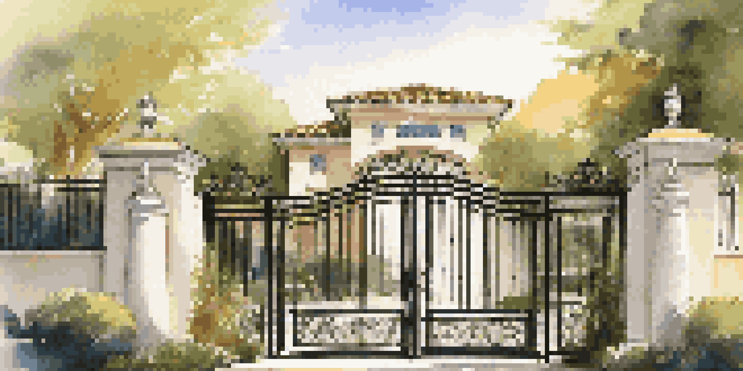 A modern security gate in front of a luxury mansion with landscaped gardens, illuminated by golden sunlight.