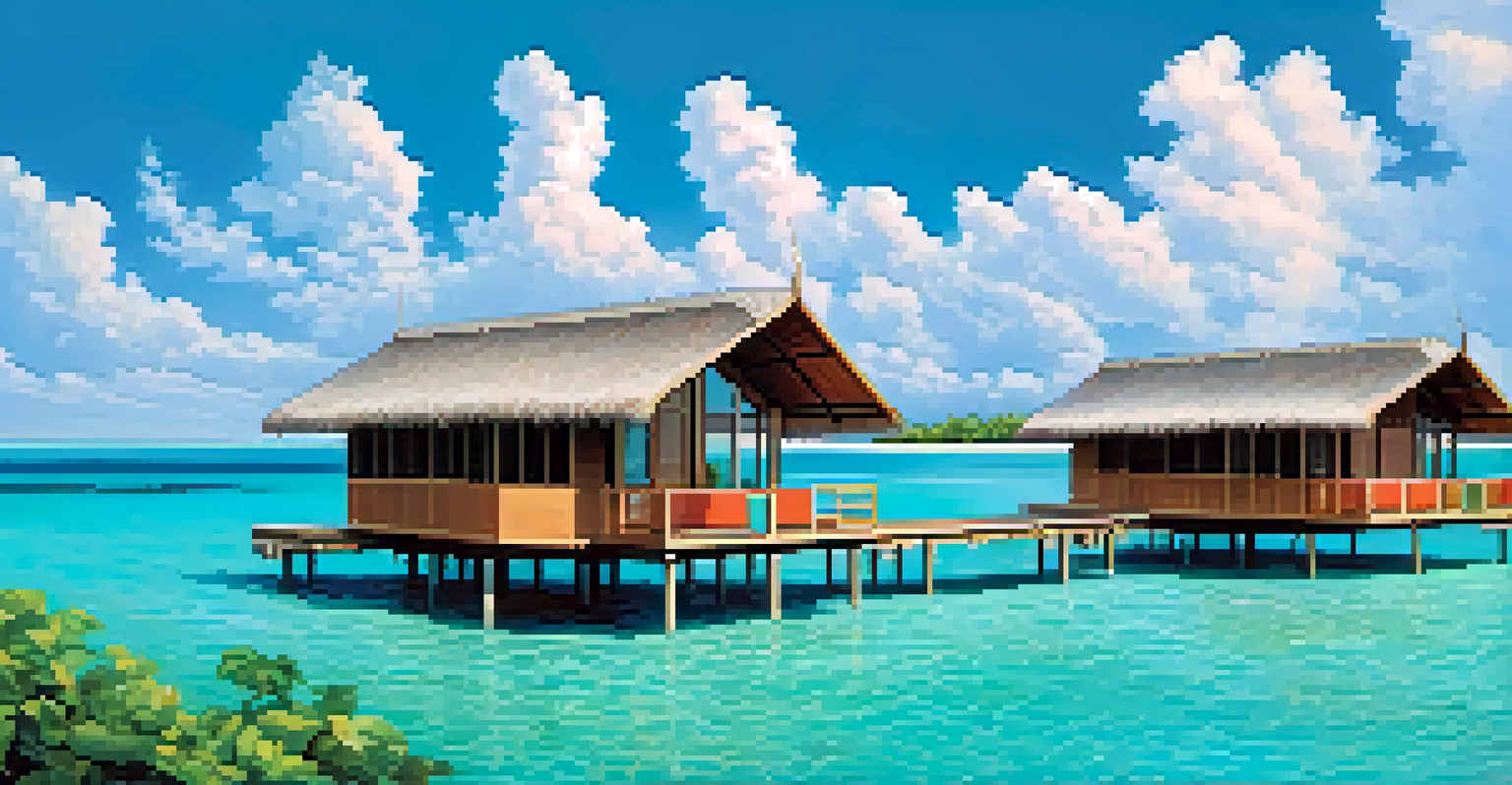 Stunning overwater bungalows in the Maldives surrounded by clear turquoise waters and tropical trees under a blue sky.