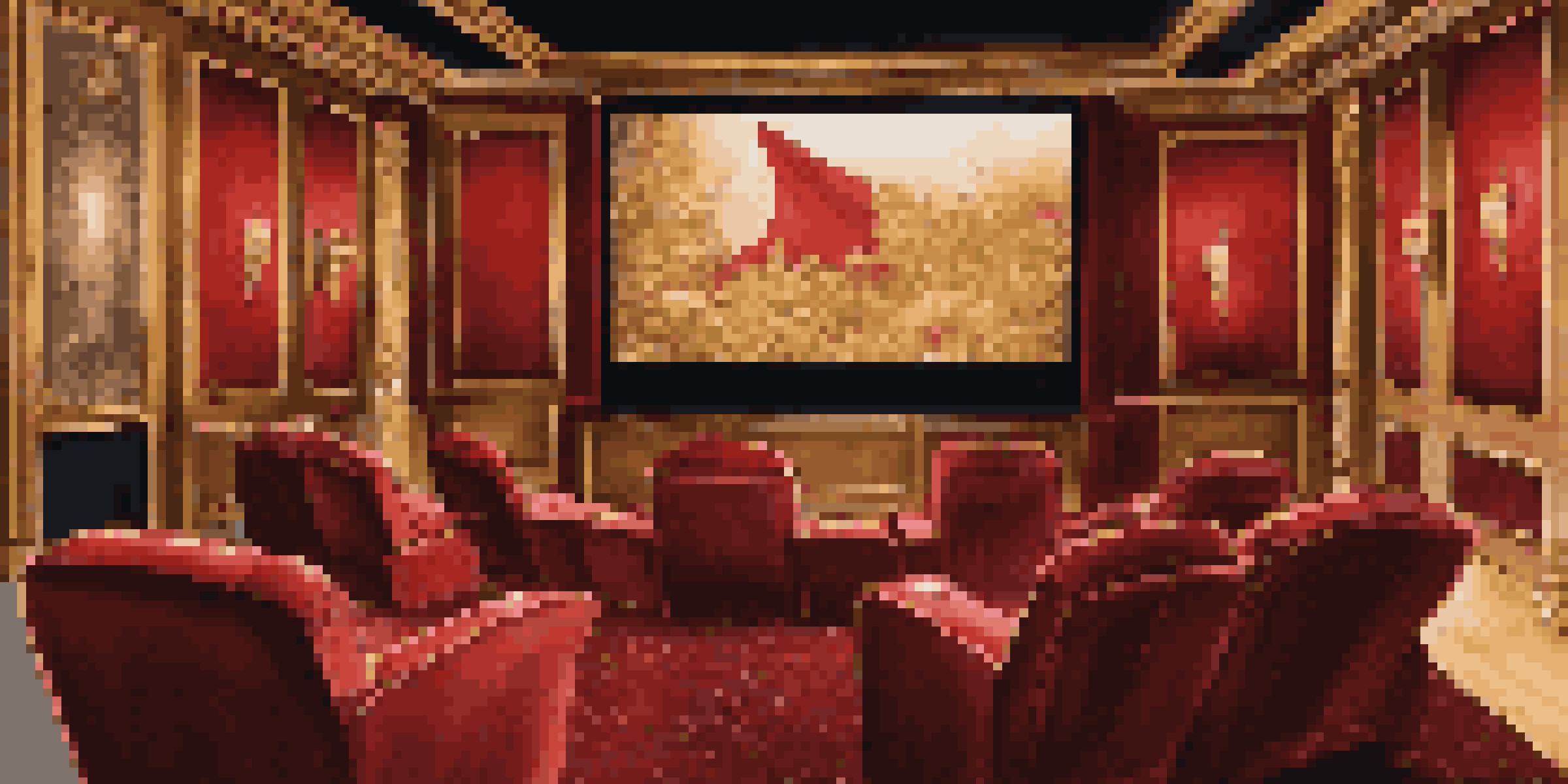 A luxurious home theater with a large video wall showcasing a colorful movie scene. Plush seating is arranged in front of the screen, with warm red and gold decor.