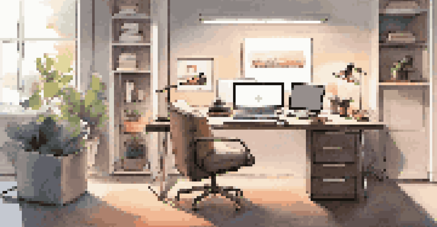An elegant workspace with smart lighting, a minimalist desk, noise-canceling headphones, and organized stationery.