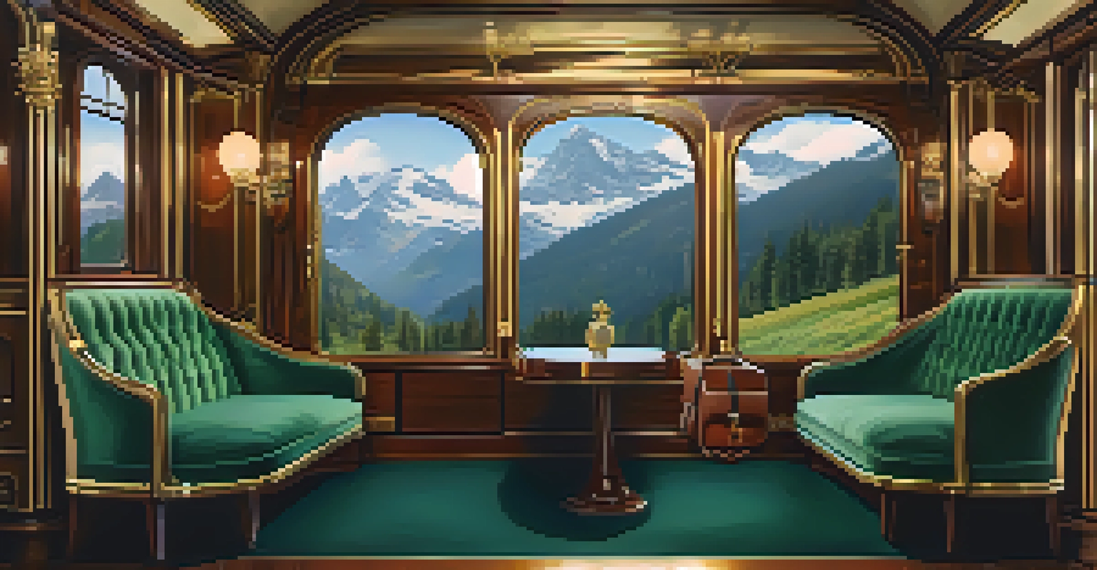 A luxurious train cabin with plush seating, vintage suitcases, and a mountain view outside.