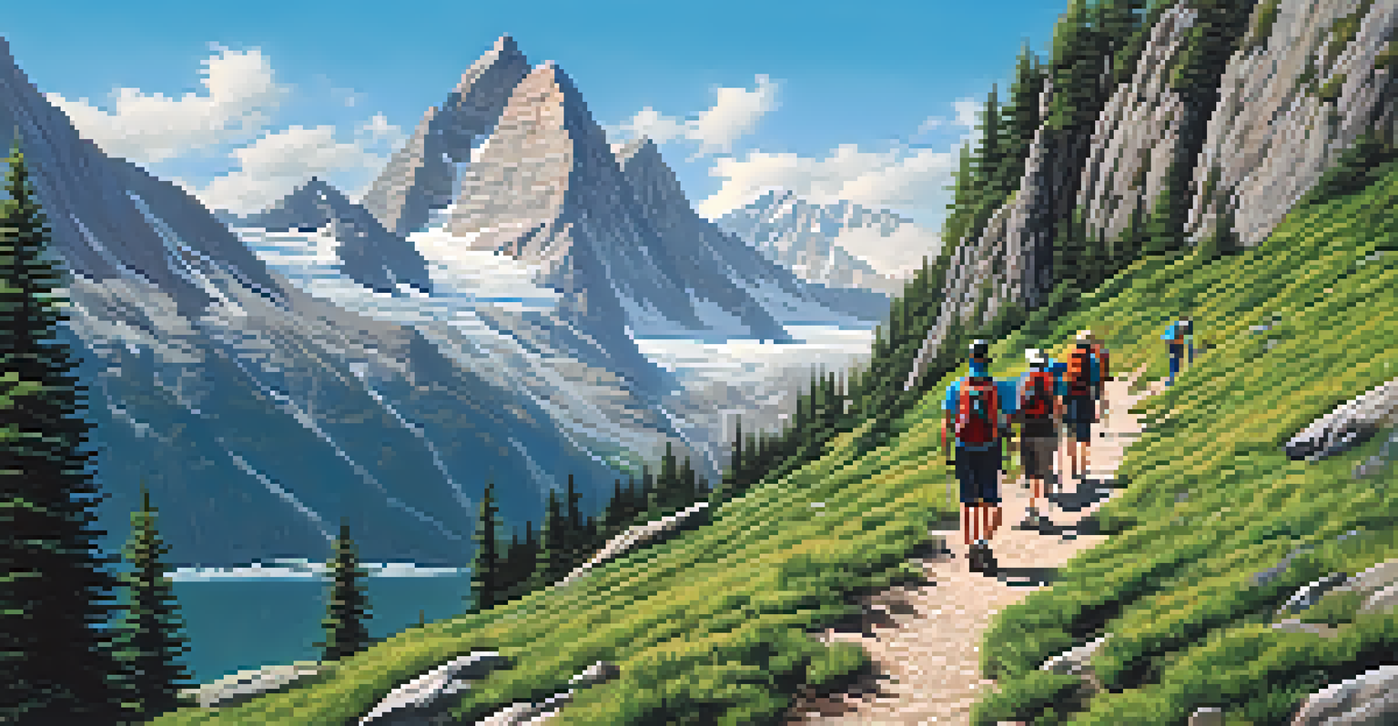 A group of hikers walking along a mountain trail with stunning scenery in the background.