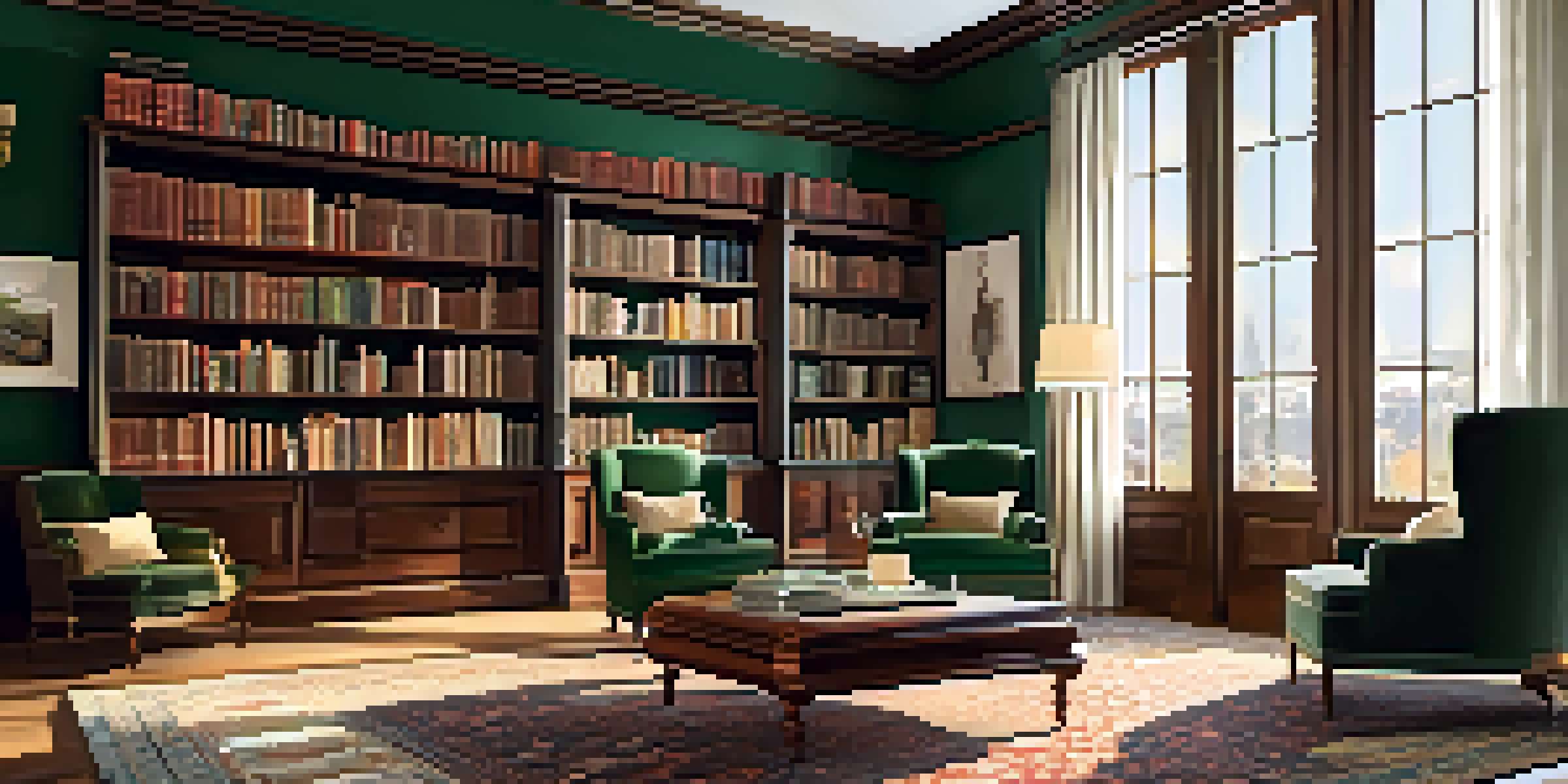 A cozy home library with wooden bookshelves, a green velvet armchair, and warm sunlight streaming through a window.
