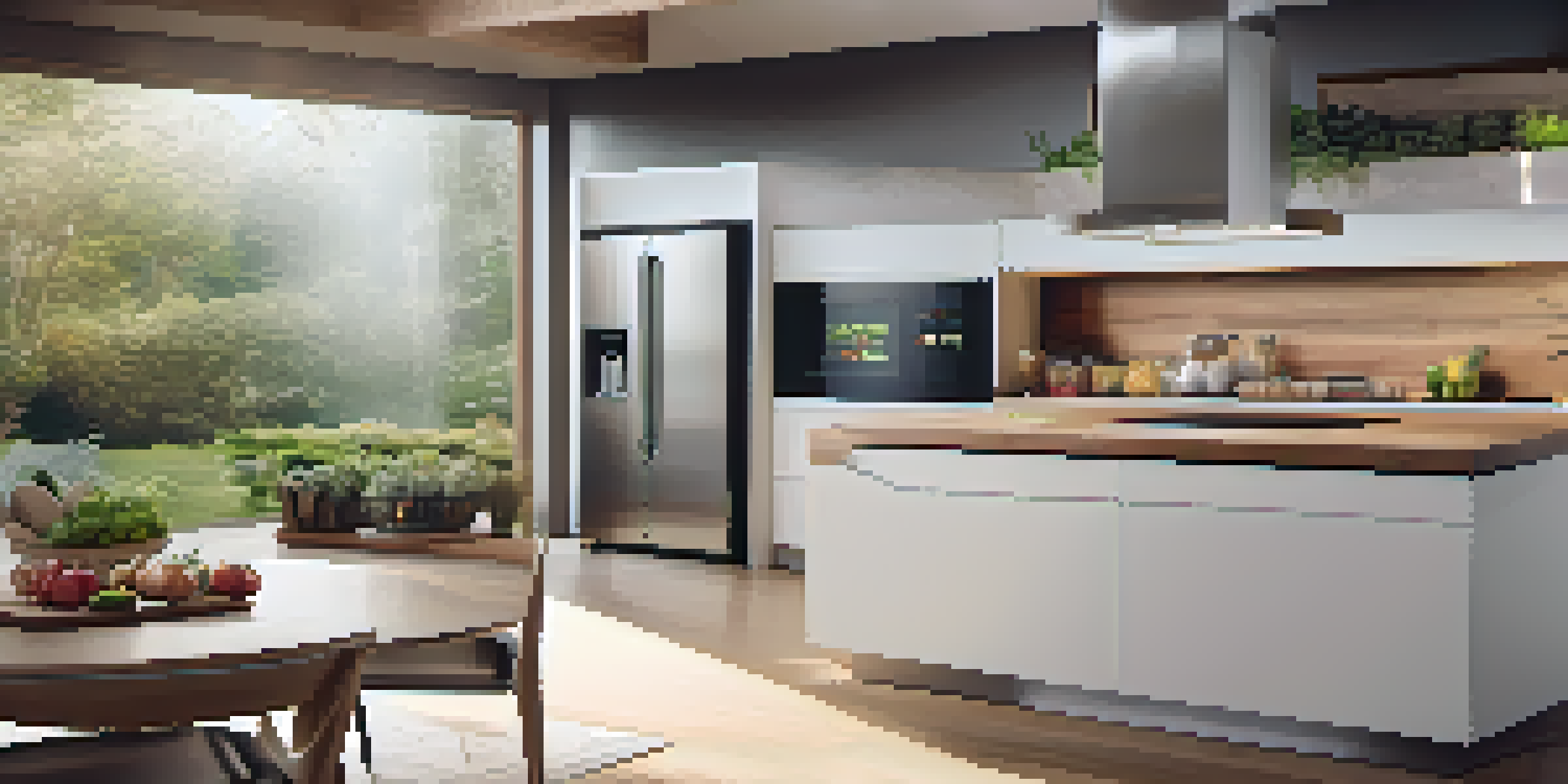 A modern kitchen with a smart refrigerator displaying recipes, surrounded by fresh ingredients and warm lighting.
