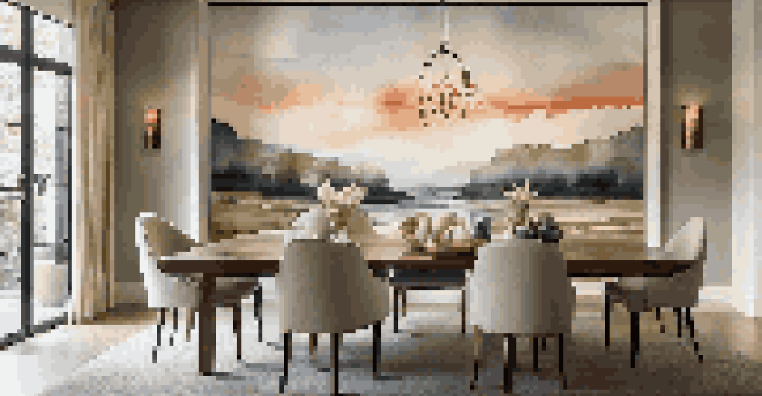 A dining area featuring a custom wooden table, a scenic mural, and unique upholstered chairs under soft pendant lights.