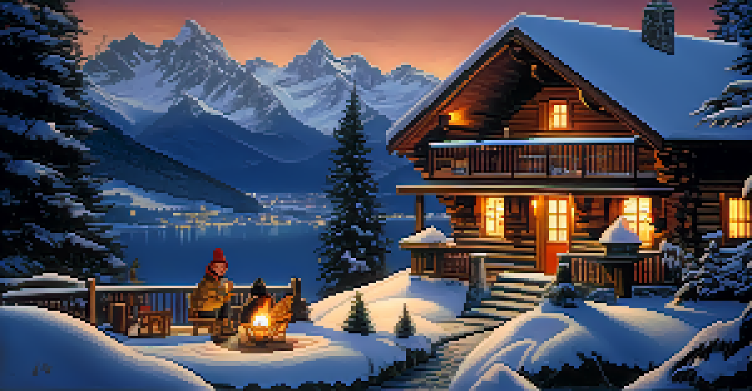 A Swiss chalet in the snowy mountains at night, with warm lantern light and a roaring fire inside.