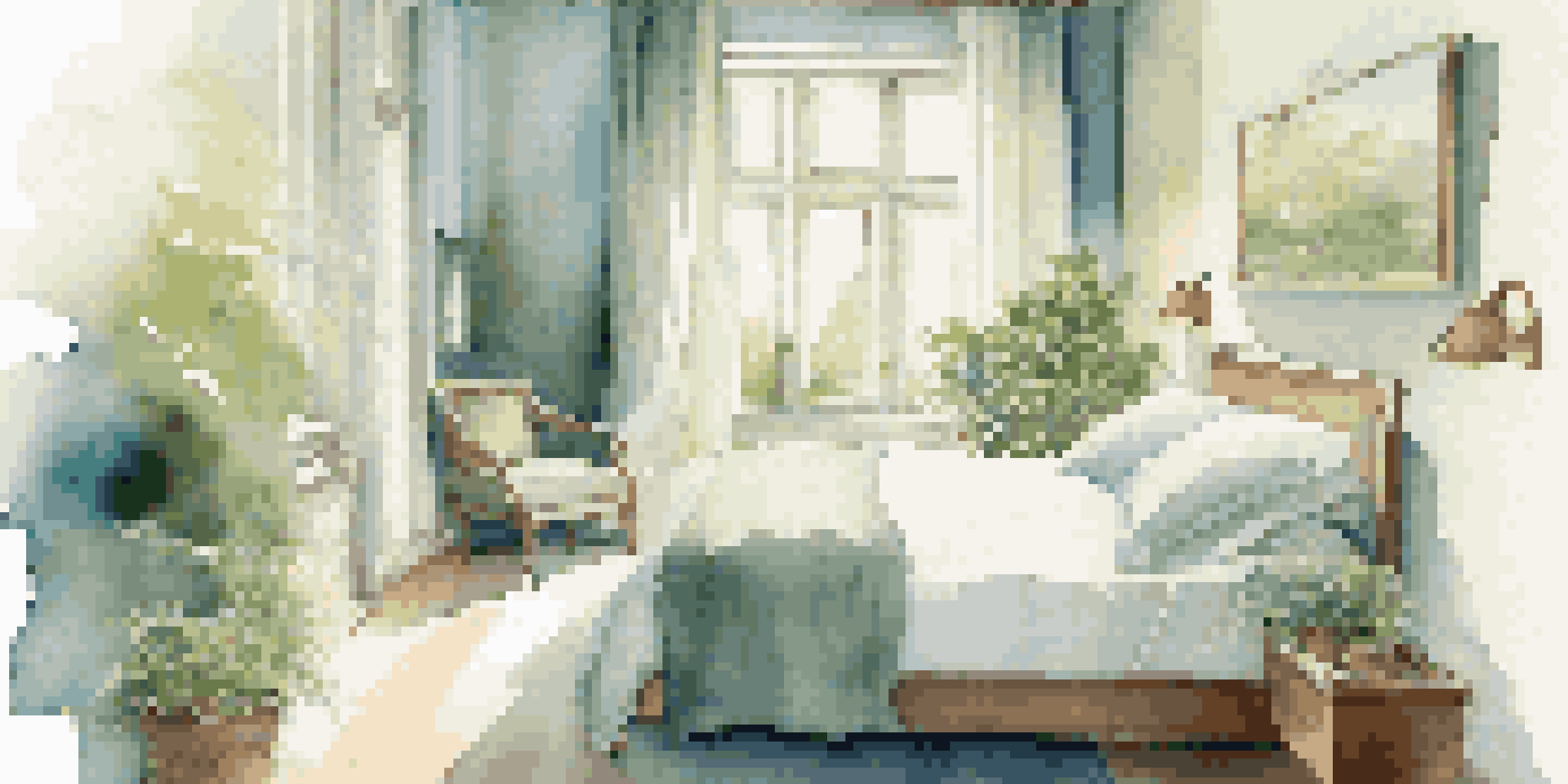 A tranquil bedroom with soft blue and green colors, large windows, and indoor plants, creating a serene atmosphere.
