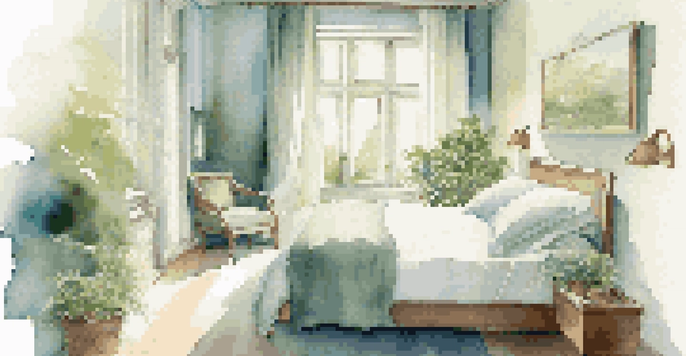 A tranquil bedroom with soft blue and green colors, large windows, and indoor plants, creating a serene atmosphere.