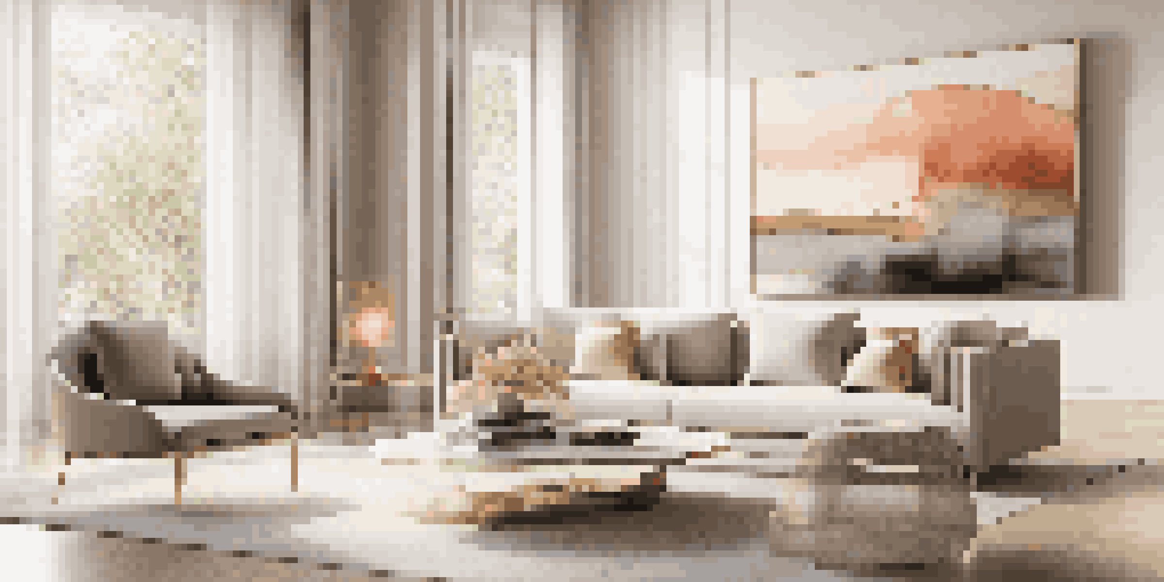A bright and elegant living room with an abstract painting, minimalist furniture, and natural lighting creating a warm atmosphere.