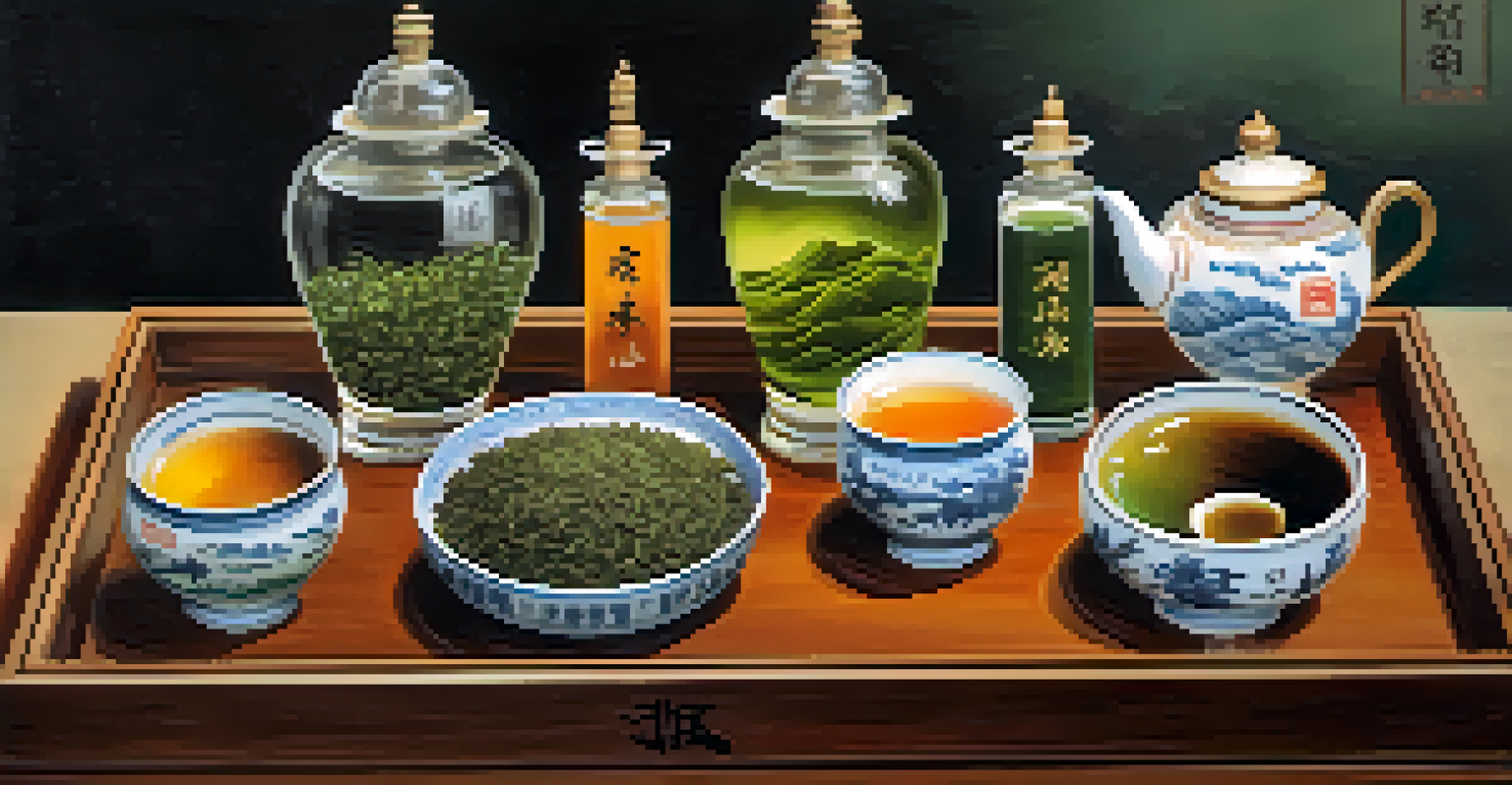 An artistic display of different types of Chinese teas in clear containers on a wooden tray.